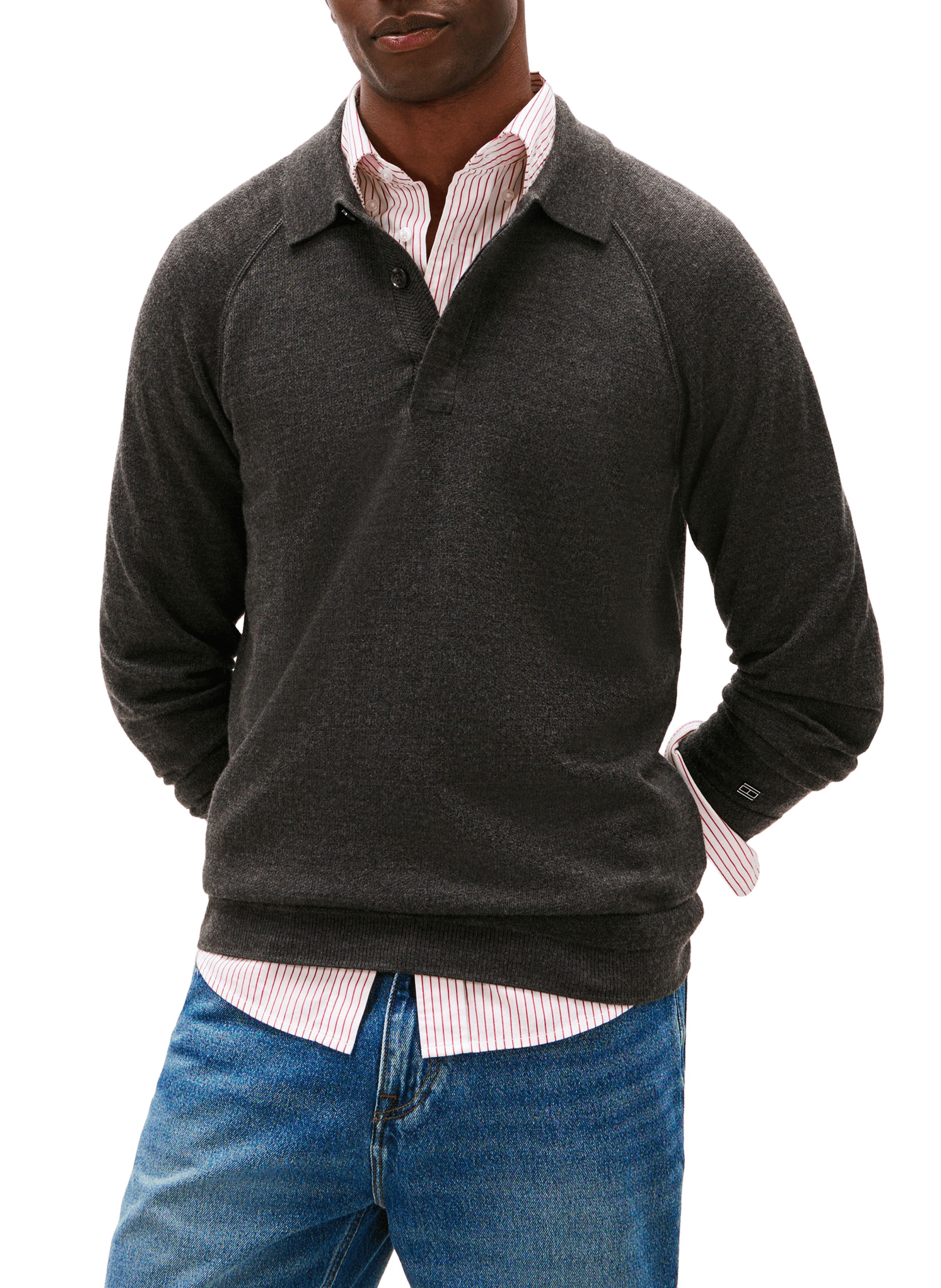 Pull col polo en laine mélangée TOMMY HILFIGER Gris