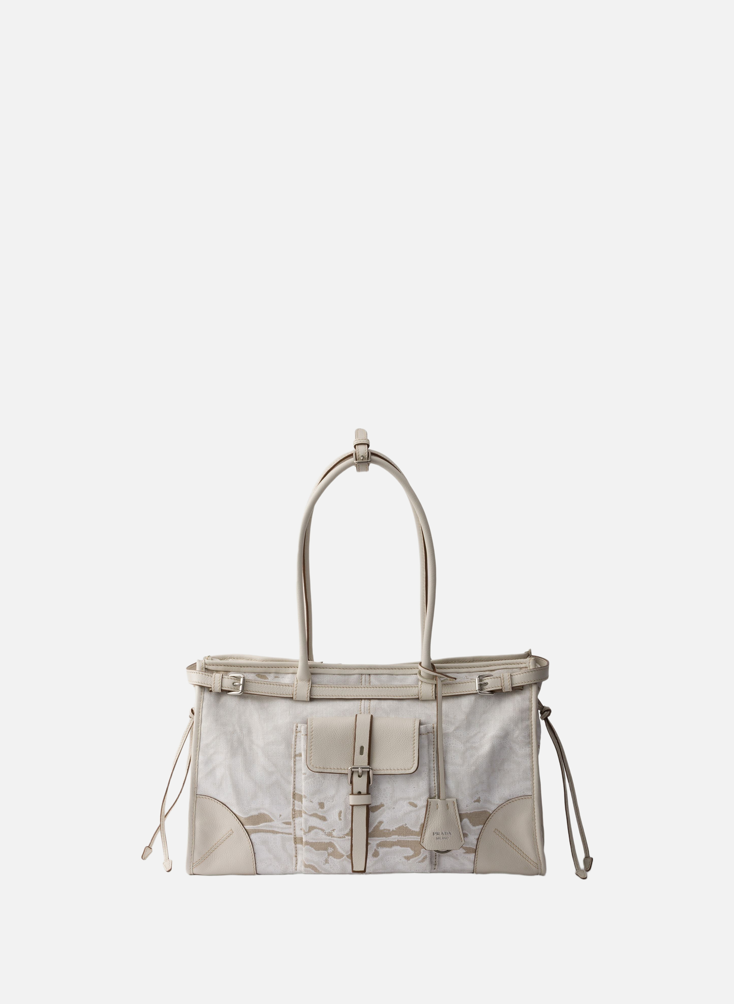 Sac prada bonnie en lin imprimé et cuir de grande PRADA Blanc