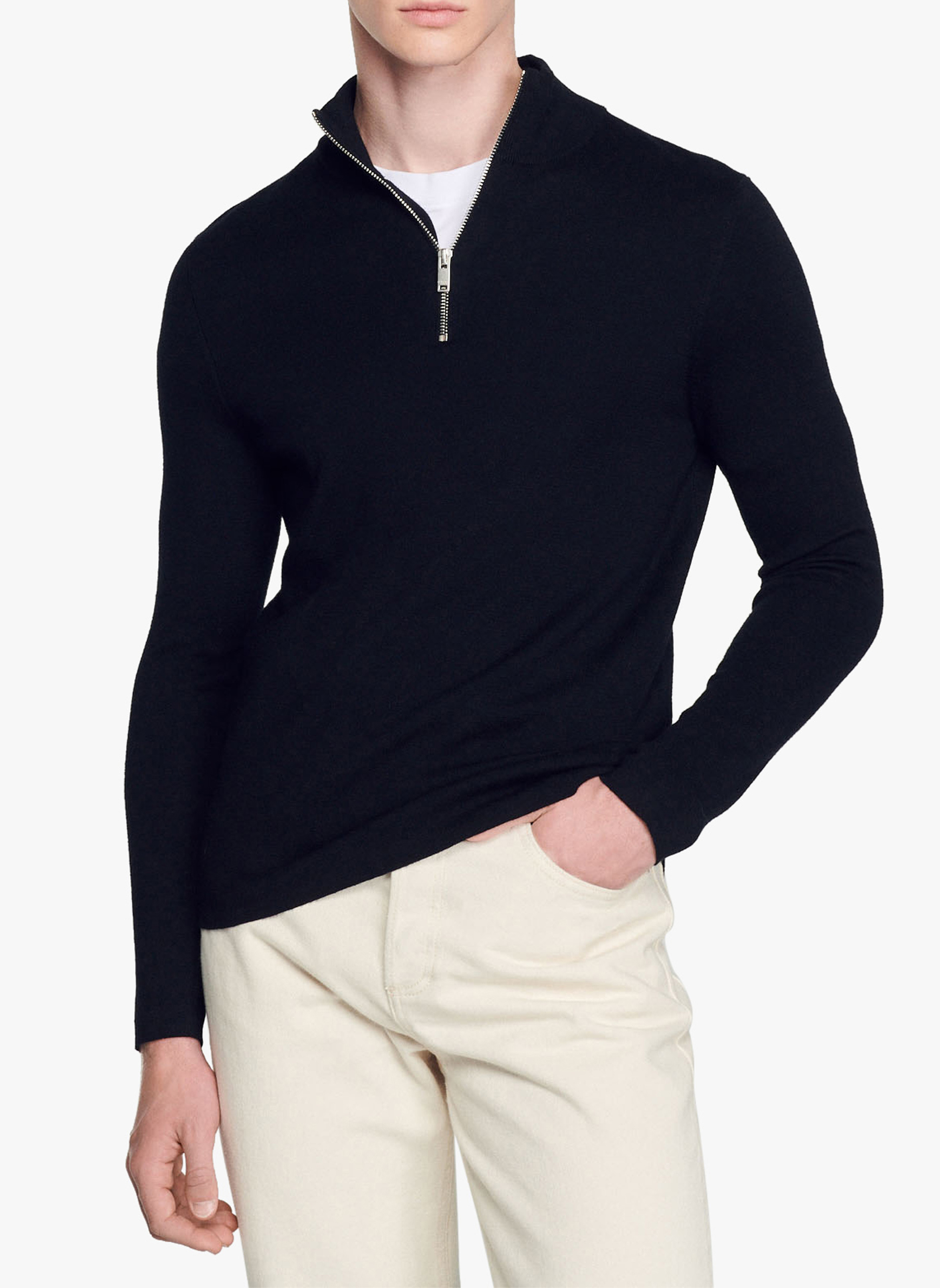 Pull col montant zippé en laine Noir