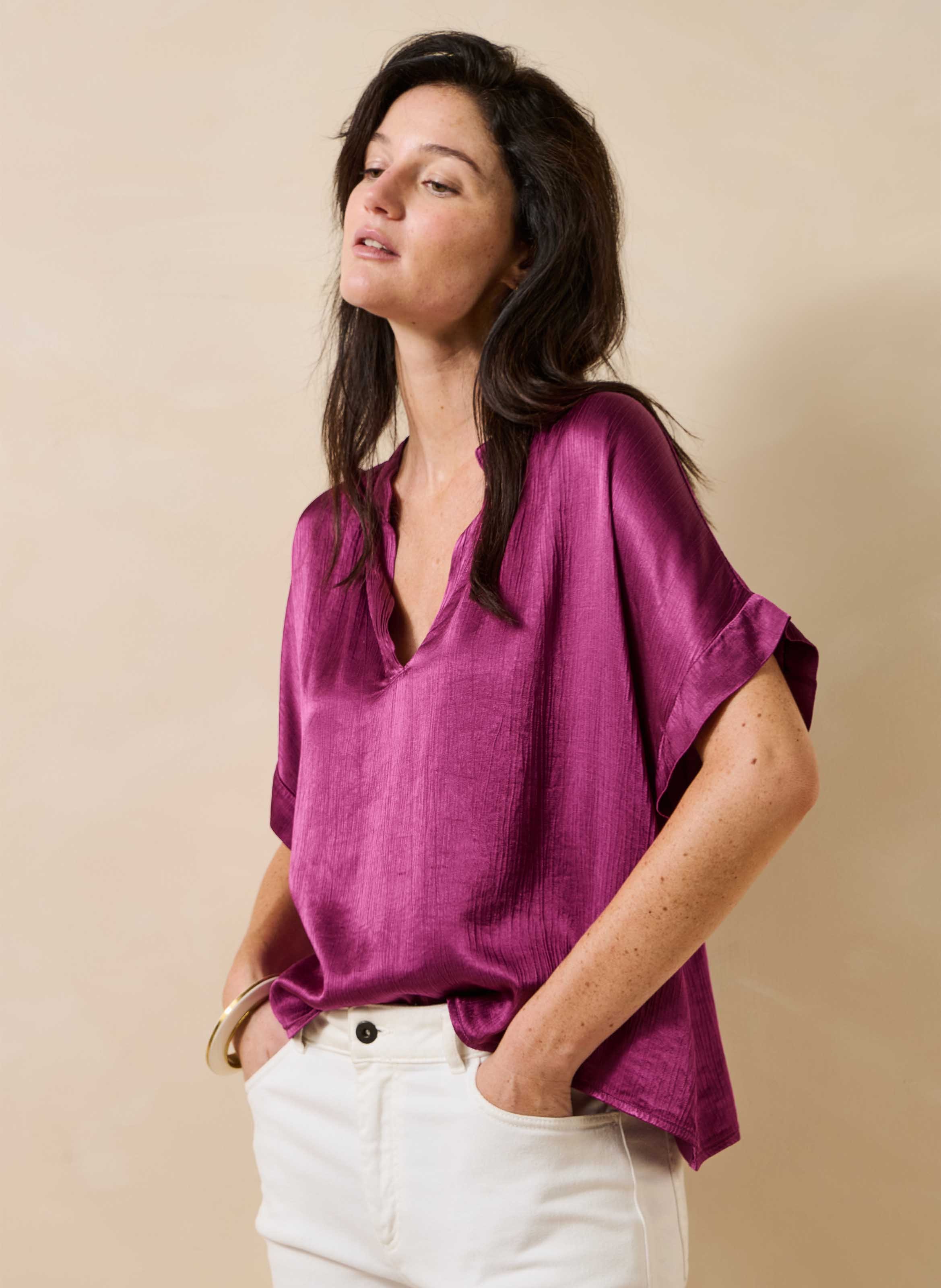 Oversized satijnen top met Tunesische kraag LA FEE MARABOUTEE Paars