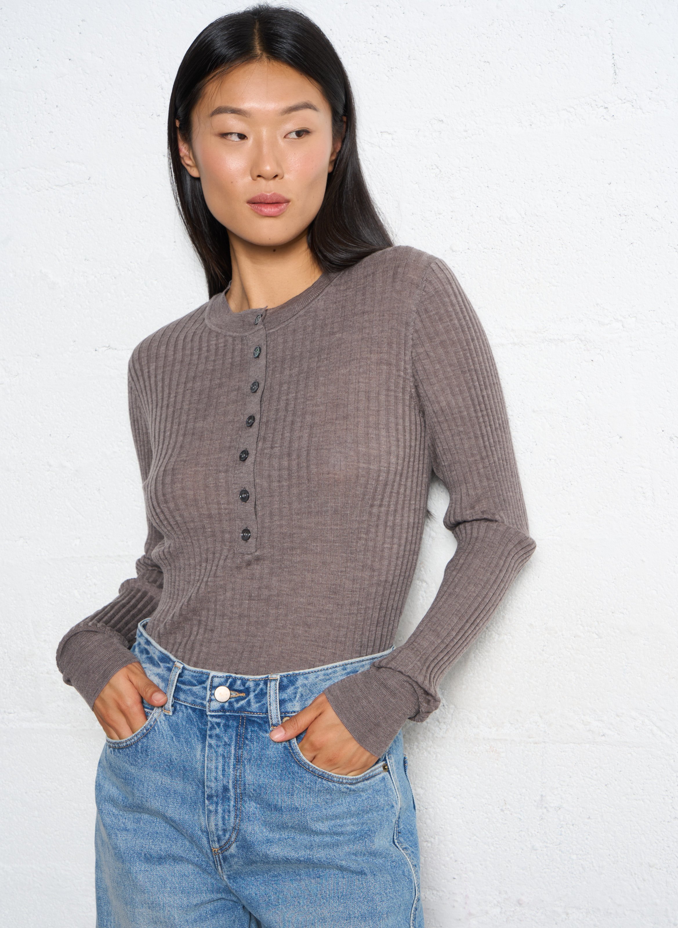 Pull col rond en laine buffalo SOEUR Marron