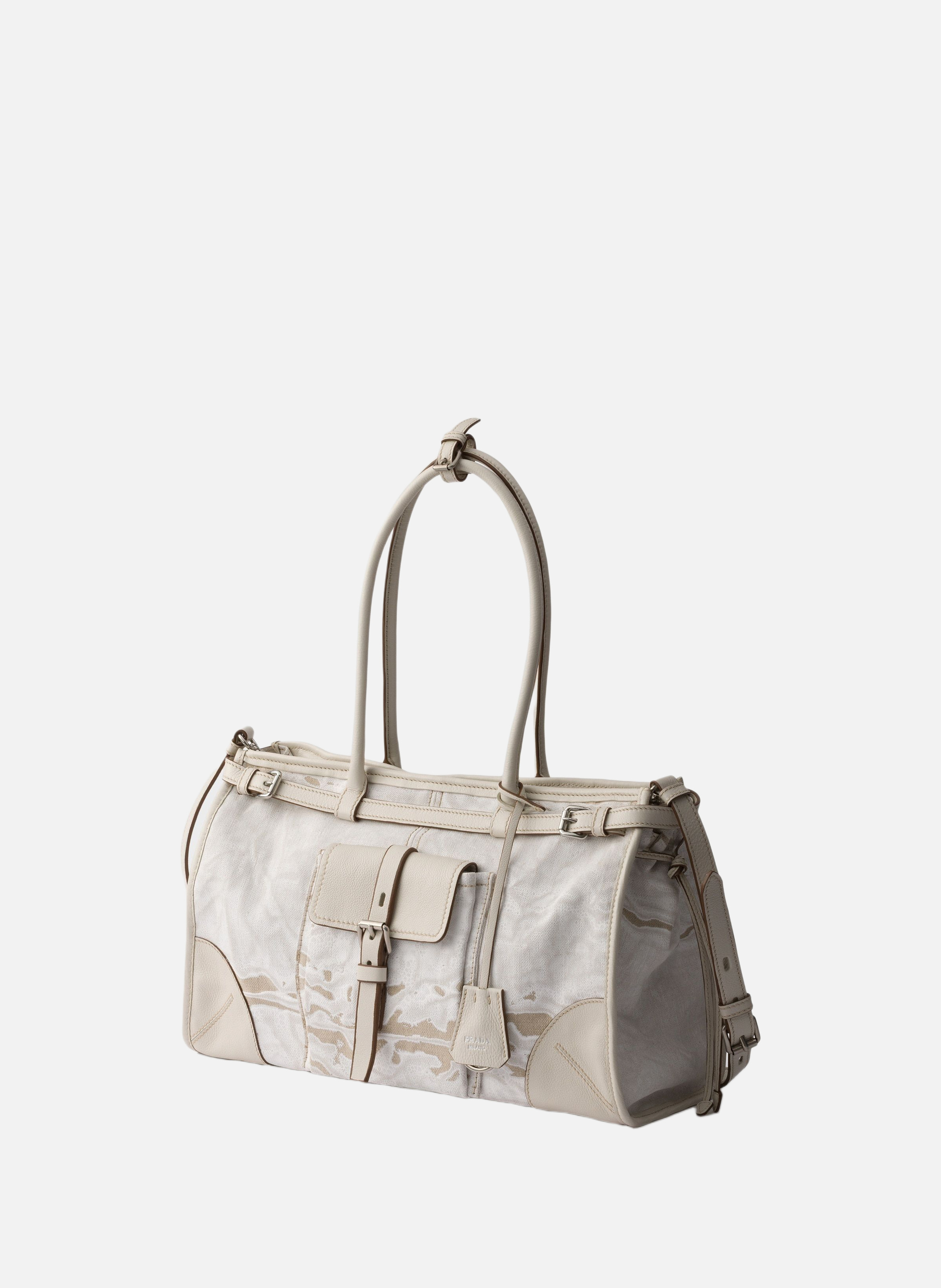 Sac prada bonnie en lin imprimé et cuir de grande PRADA Blanc