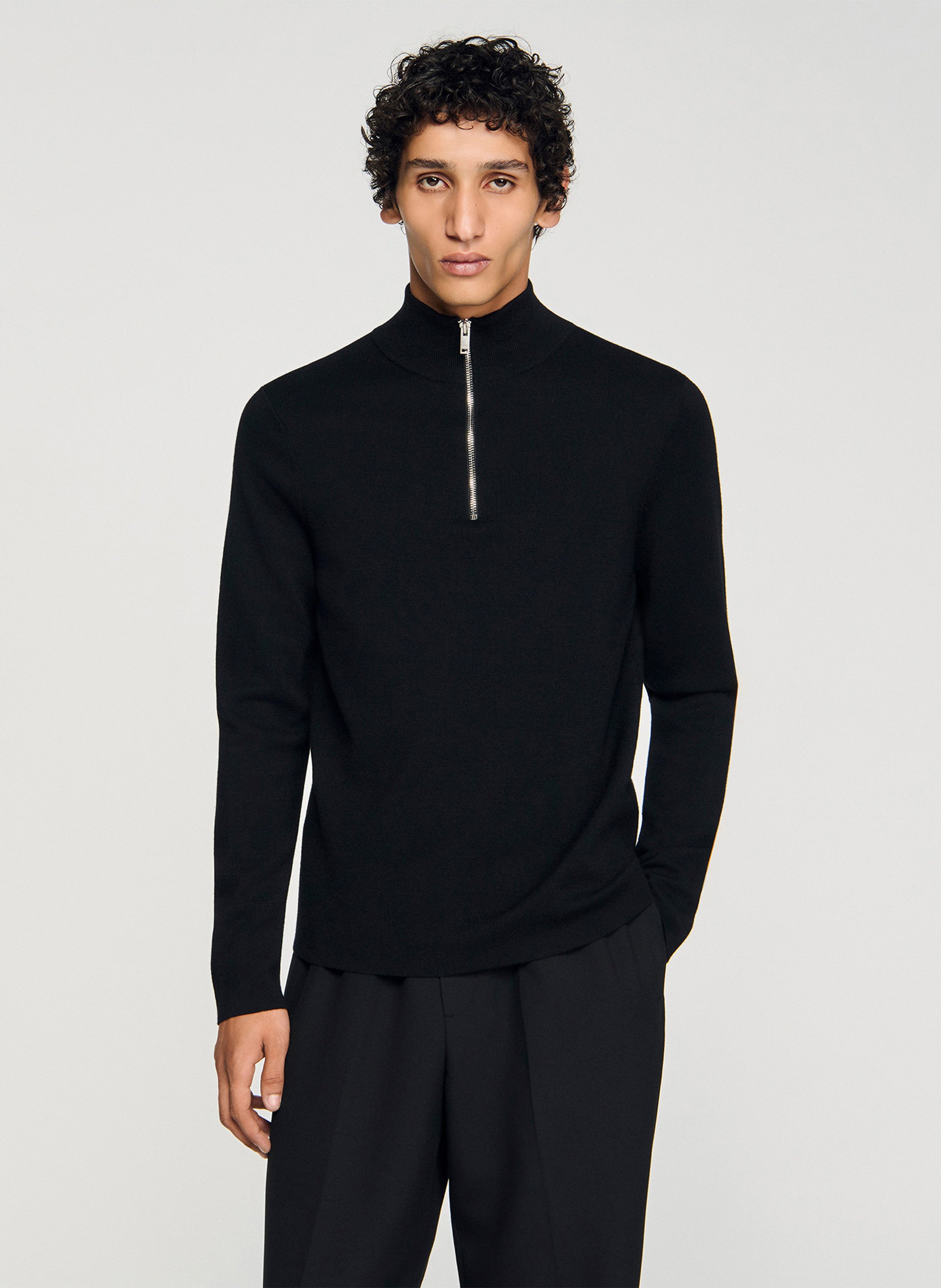 Pull col montant zippé en laine Noir