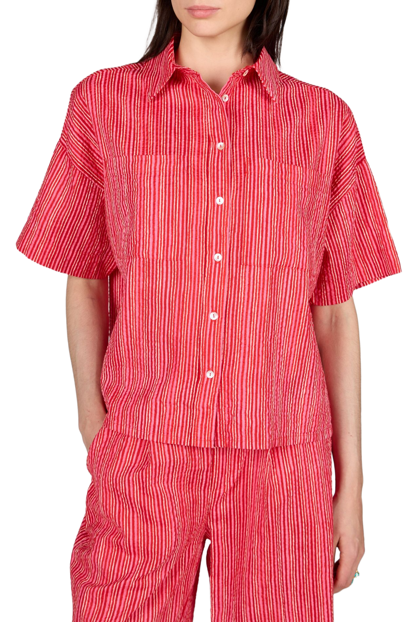 Chemise brodée à manches courtes en coton GARANCE Rose