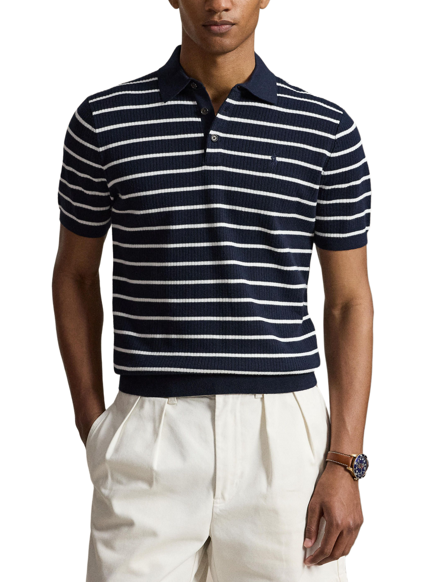 Short-sleeved ribbed polo shirt with striped pattern in cotton POLO RALPH LAUREN Blue