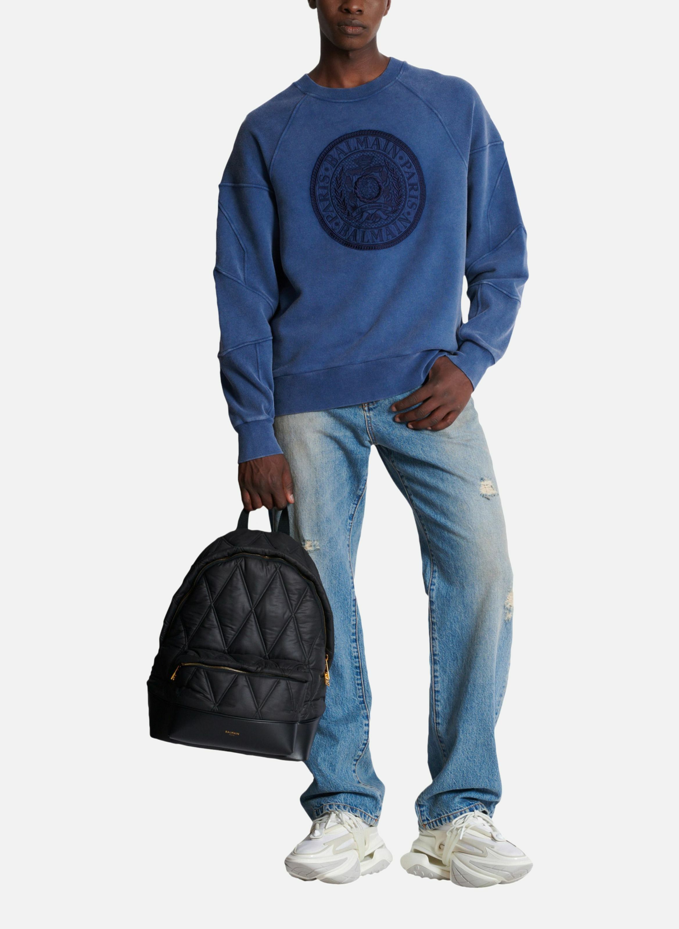 Sweatshirt côtelé brodé « coin » BALMAIN Bleu