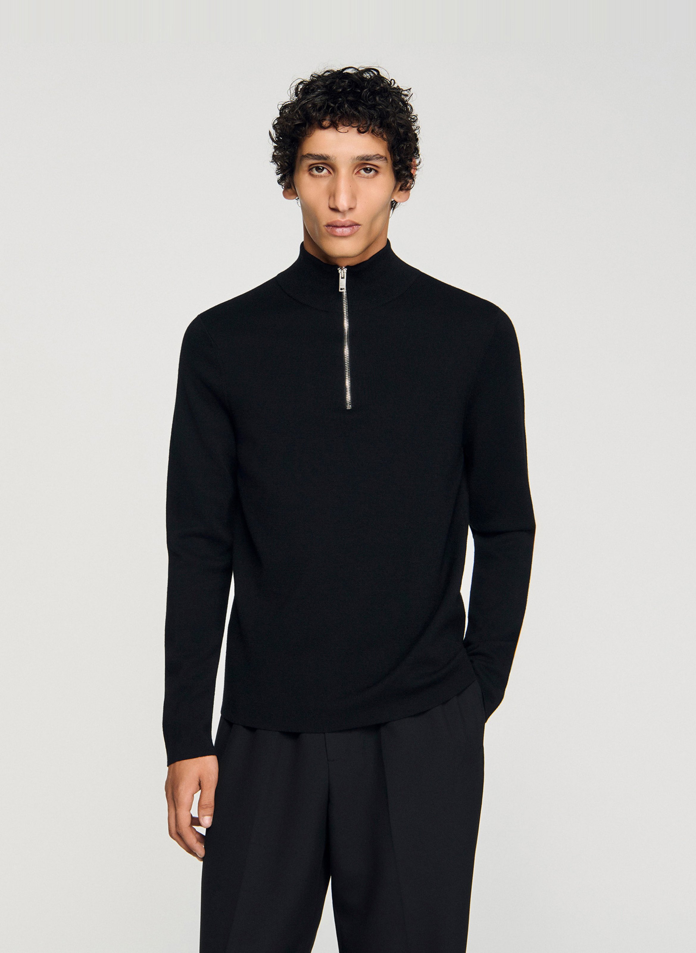 Pull col montant zippé en laine Noir