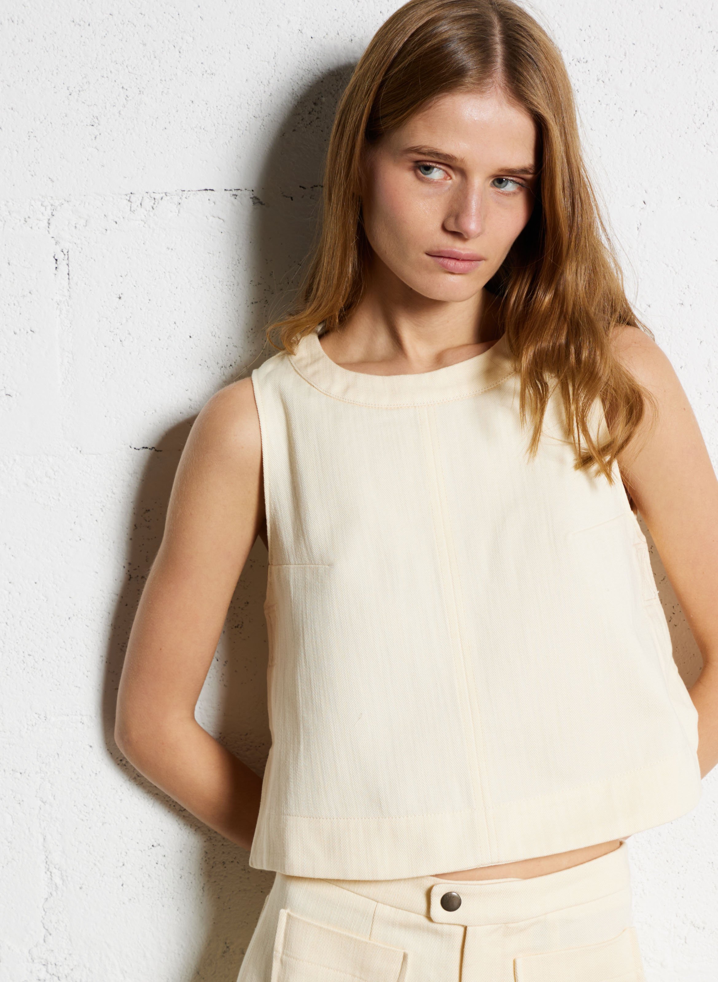 Top col rond sans manches en coton pampa SOEUR Beige