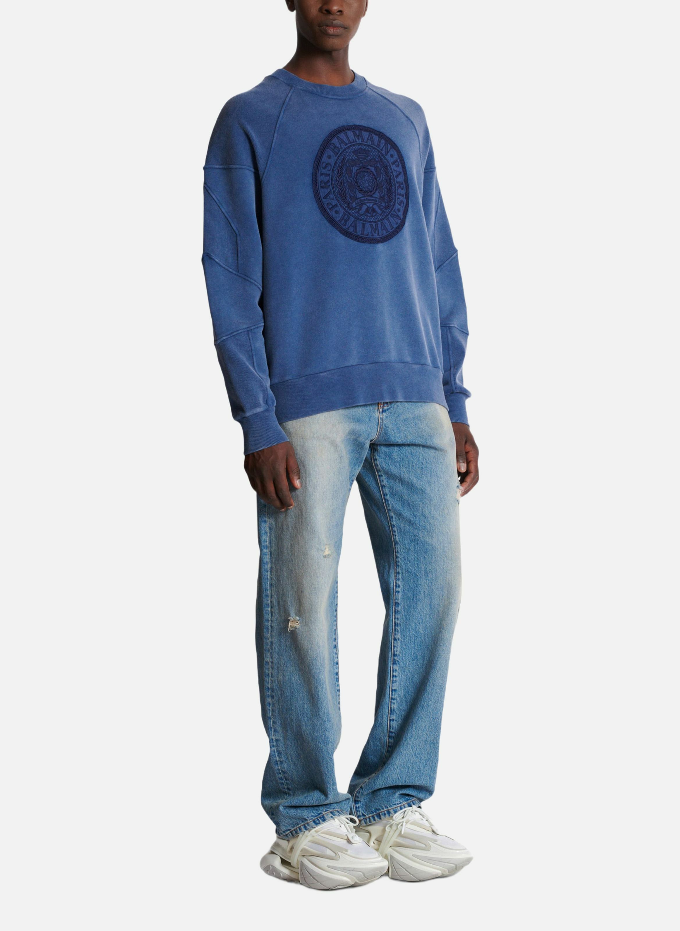 Sweatshirt côtelé brodé « coin » BALMAIN Bleu