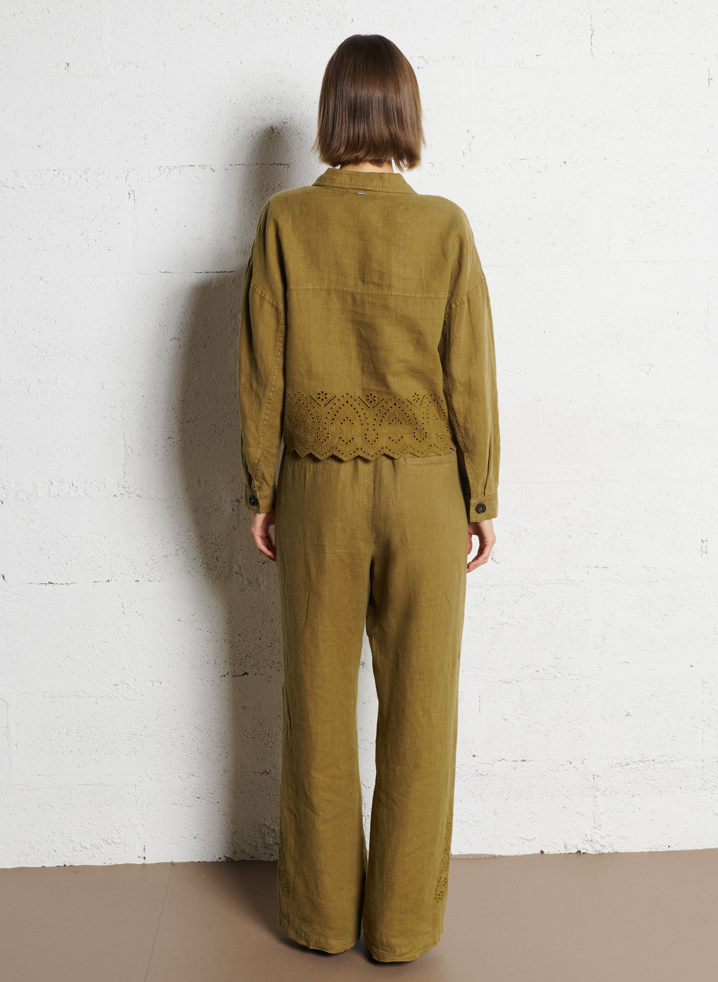 Chemise droit en lin brodé IKKS Kaki