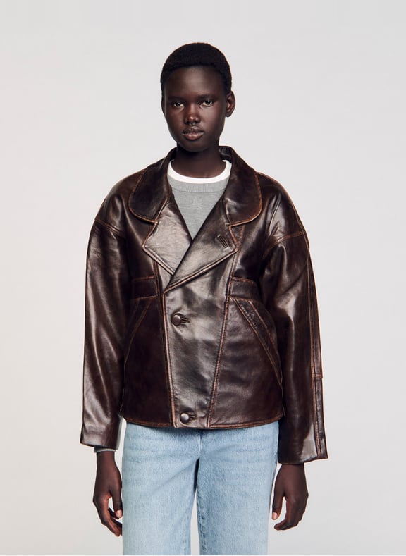 Veste col tailleur en cuir Marron by SANDRO SANDRO Veste col tailleur en cuir Marron