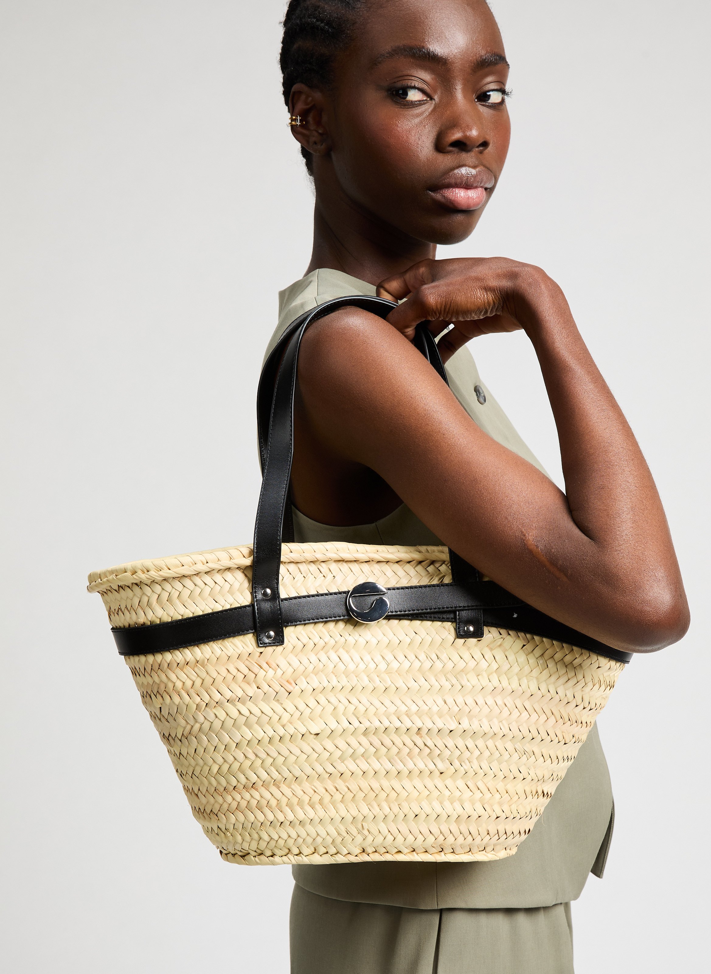 Palm Bucket Basket Bag Beige