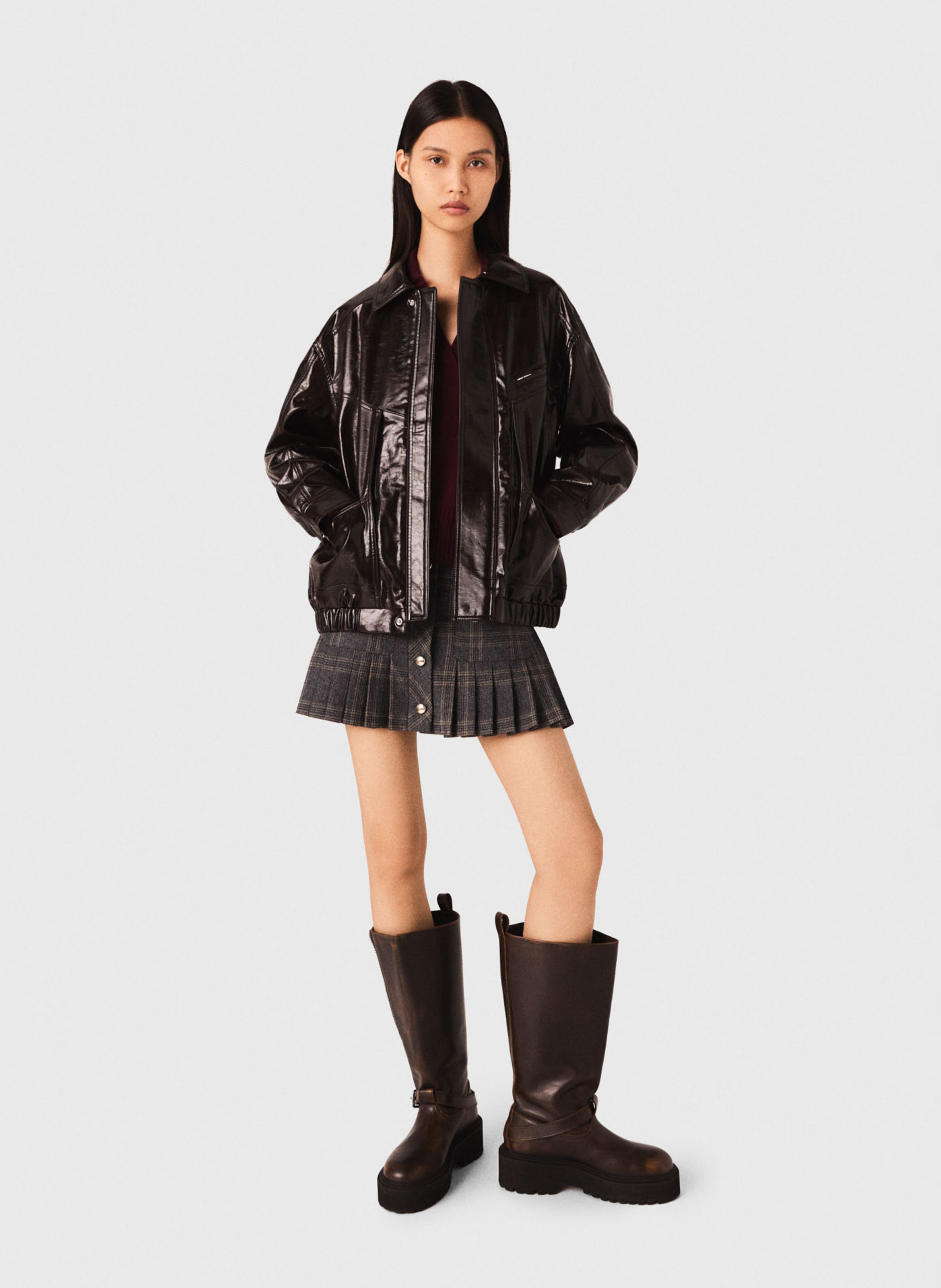 Blouson droit vernis à découpes MAJE Marron