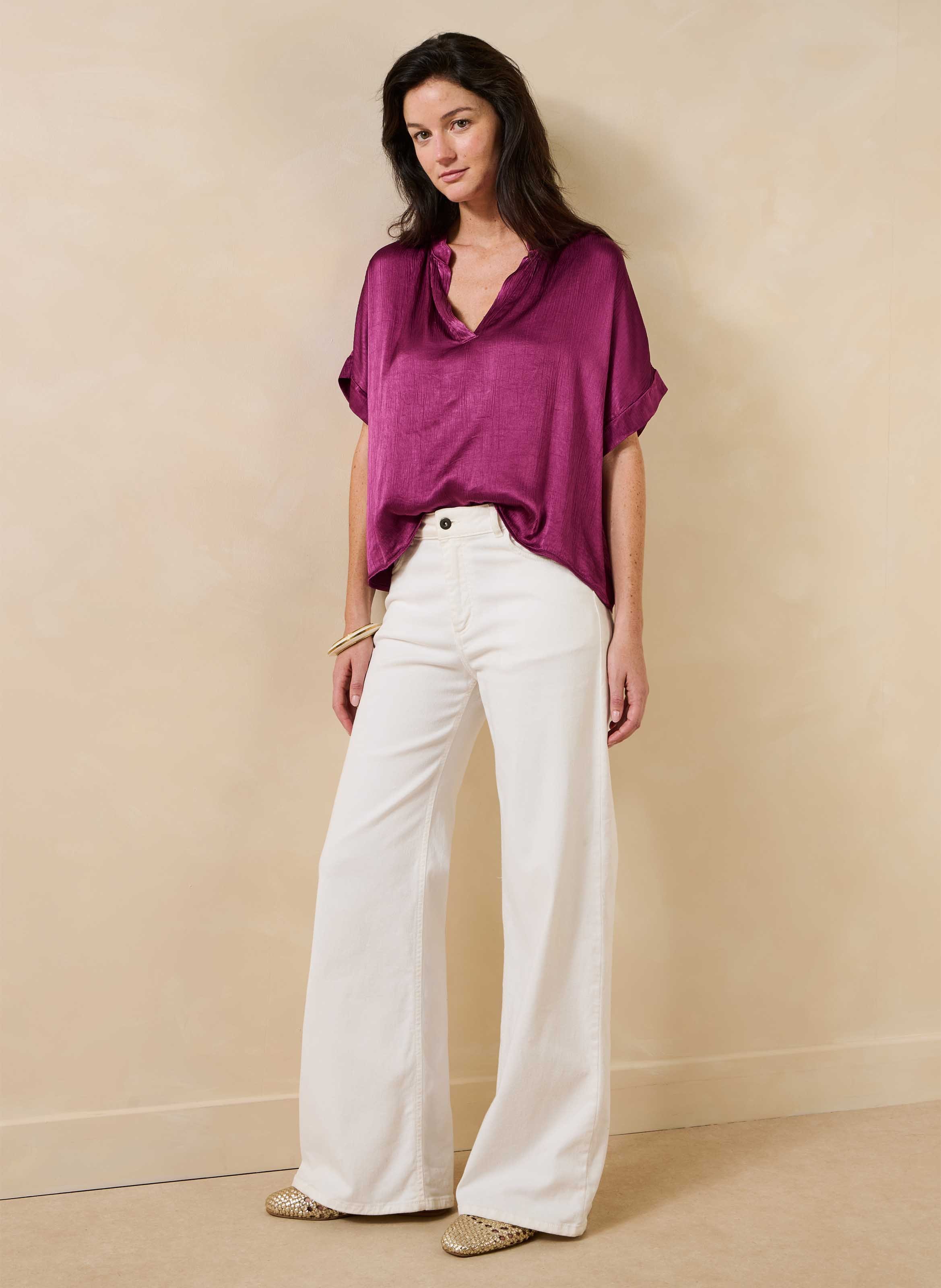 Oversized satijnen top met Tunesische kraag LA FEE MARABOUTEE Paars