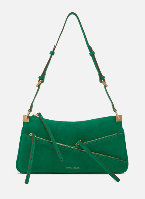 Zipped Baguette handbag in green suedeMANU ATELIER 