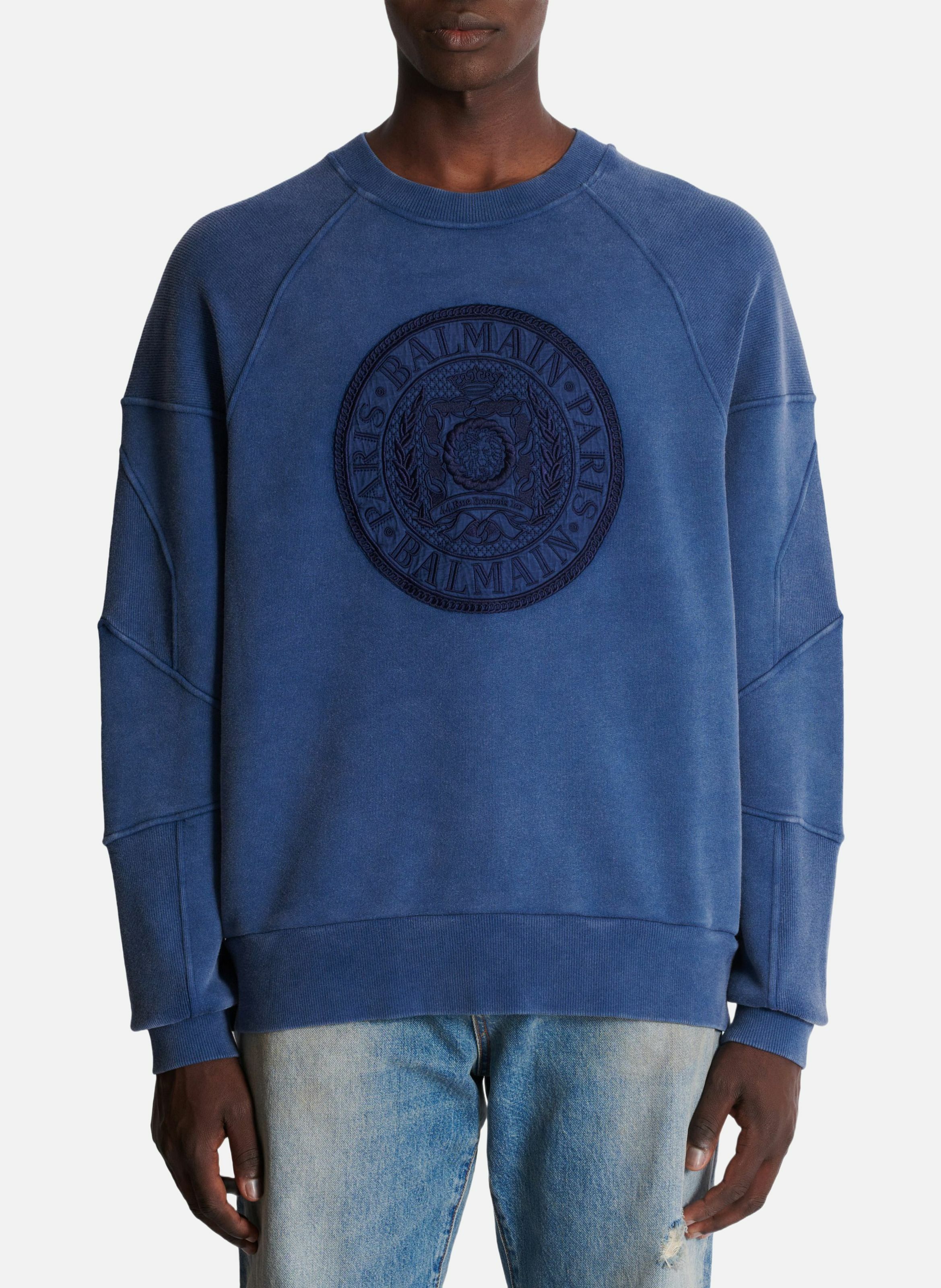 Sweatshirt côtelé brodé « coin » BALMAIN Bleu