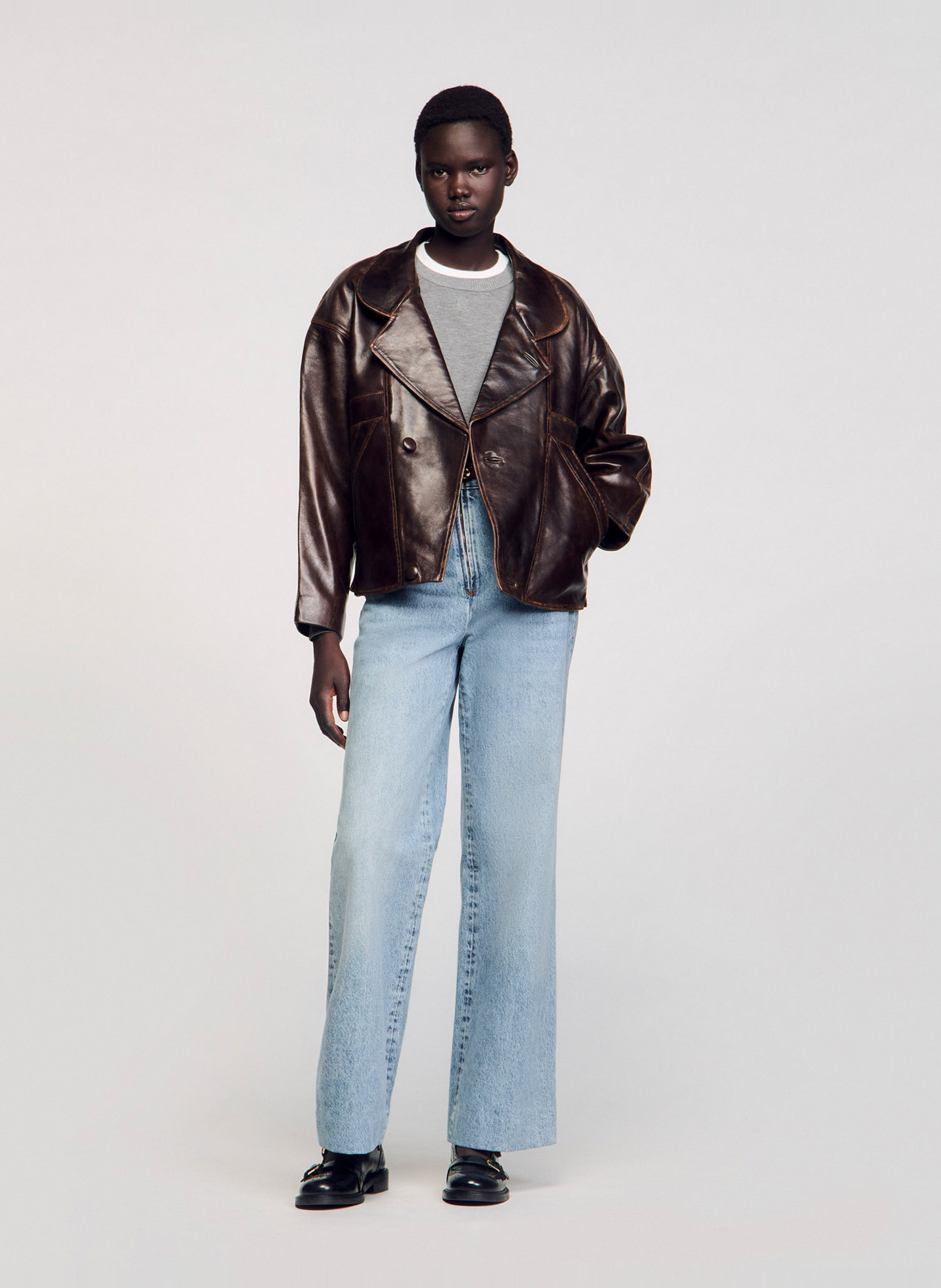 Veste Sandro En Cuir Véritable Taille 2/38 - Occasion Très Bon état - Marron Blazer