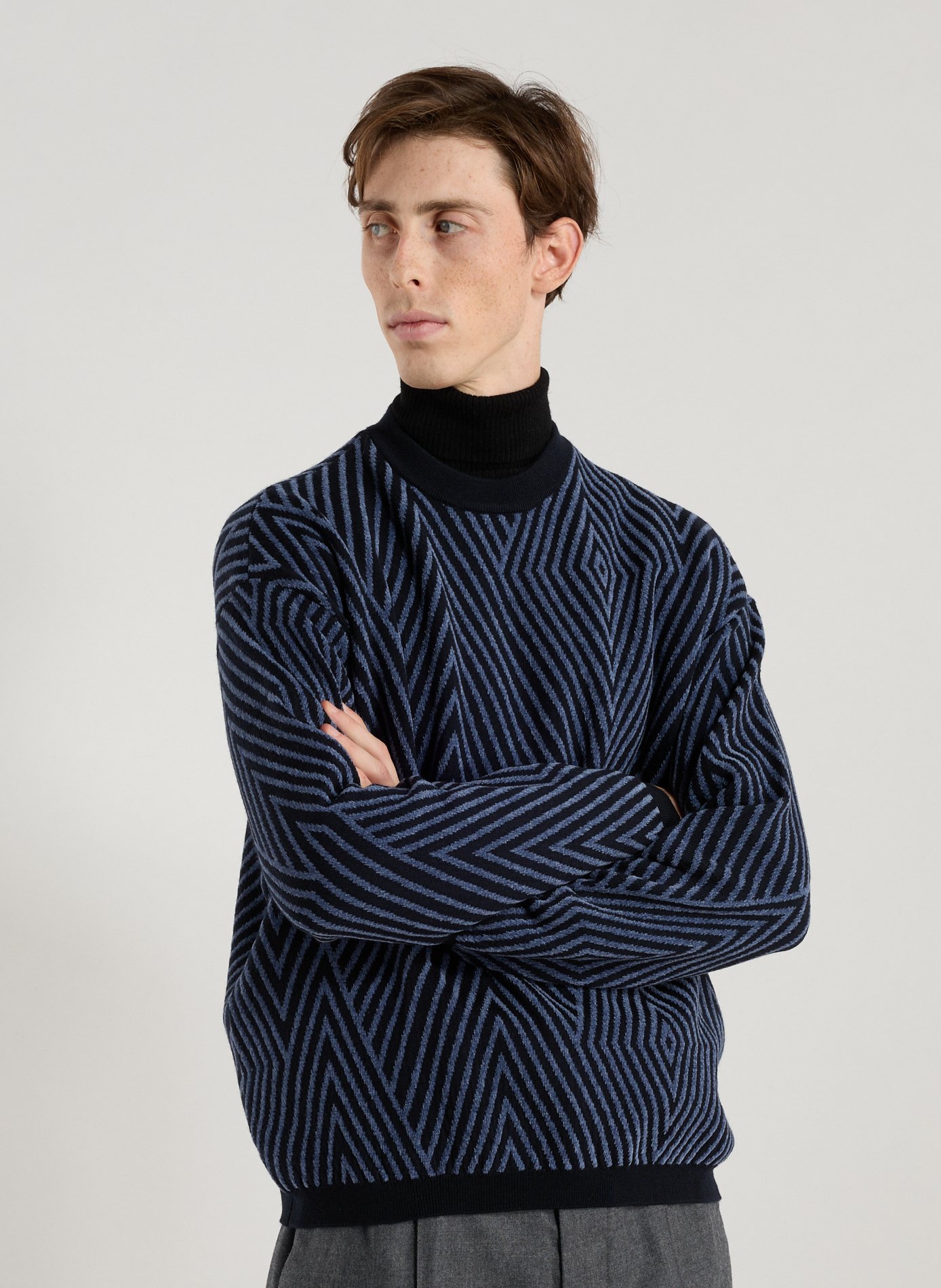 EMPORIO ARMANI Oversized round neck sweater in blended virgin wool. Blue