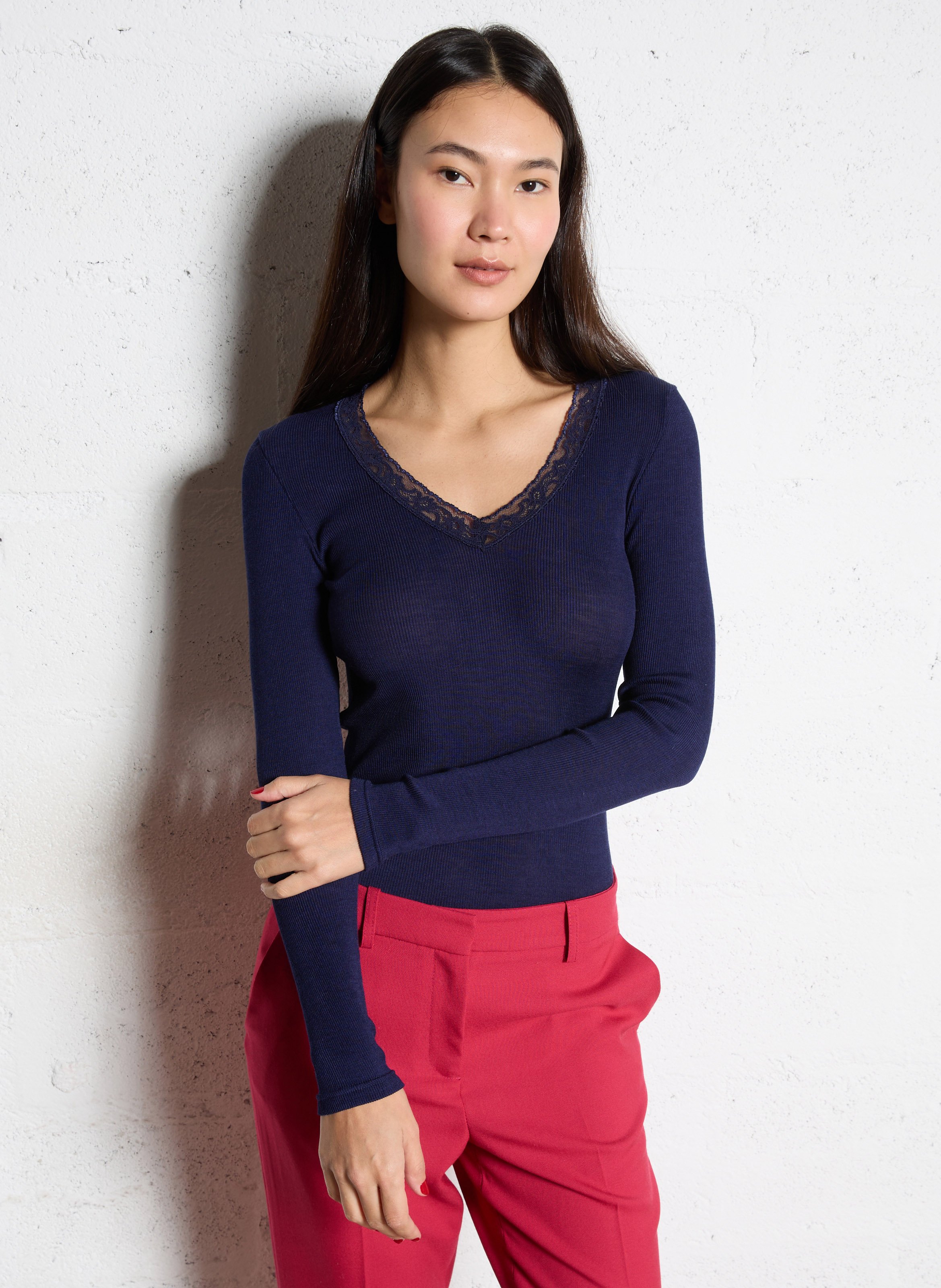 Tee-shirt col v dentelle uni ARMOR-LUX Bleu