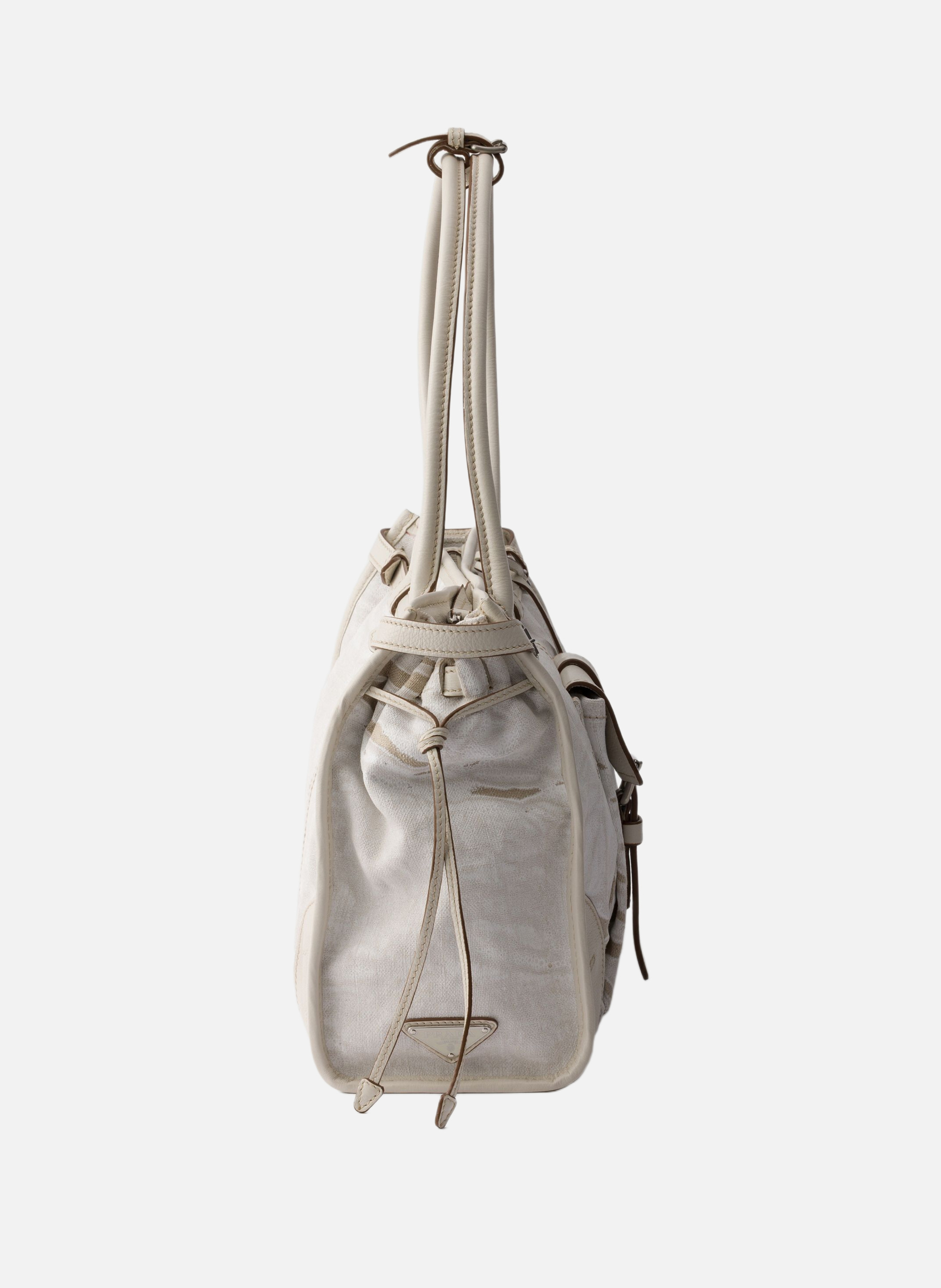 Sac prada bonnie en lin imprimé et cuir de grande PRADA Blanc