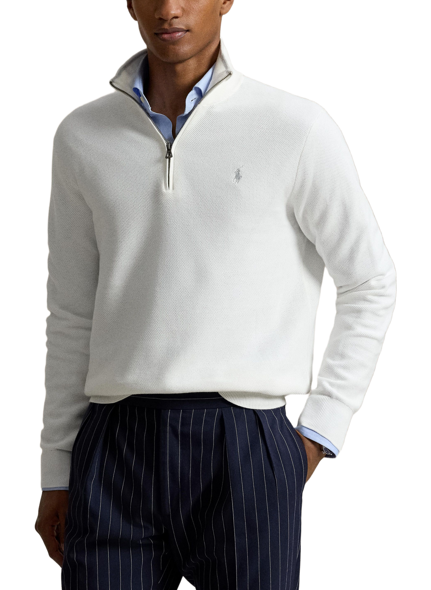 Cotton textured knit zip-up sweater. POLO RALPH LAUREN White
