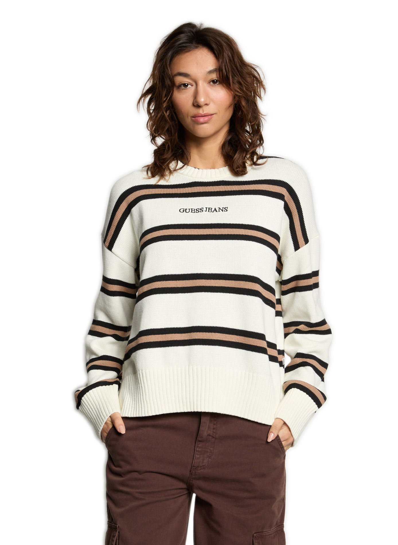 GUESS Striped cotton sweater Beige