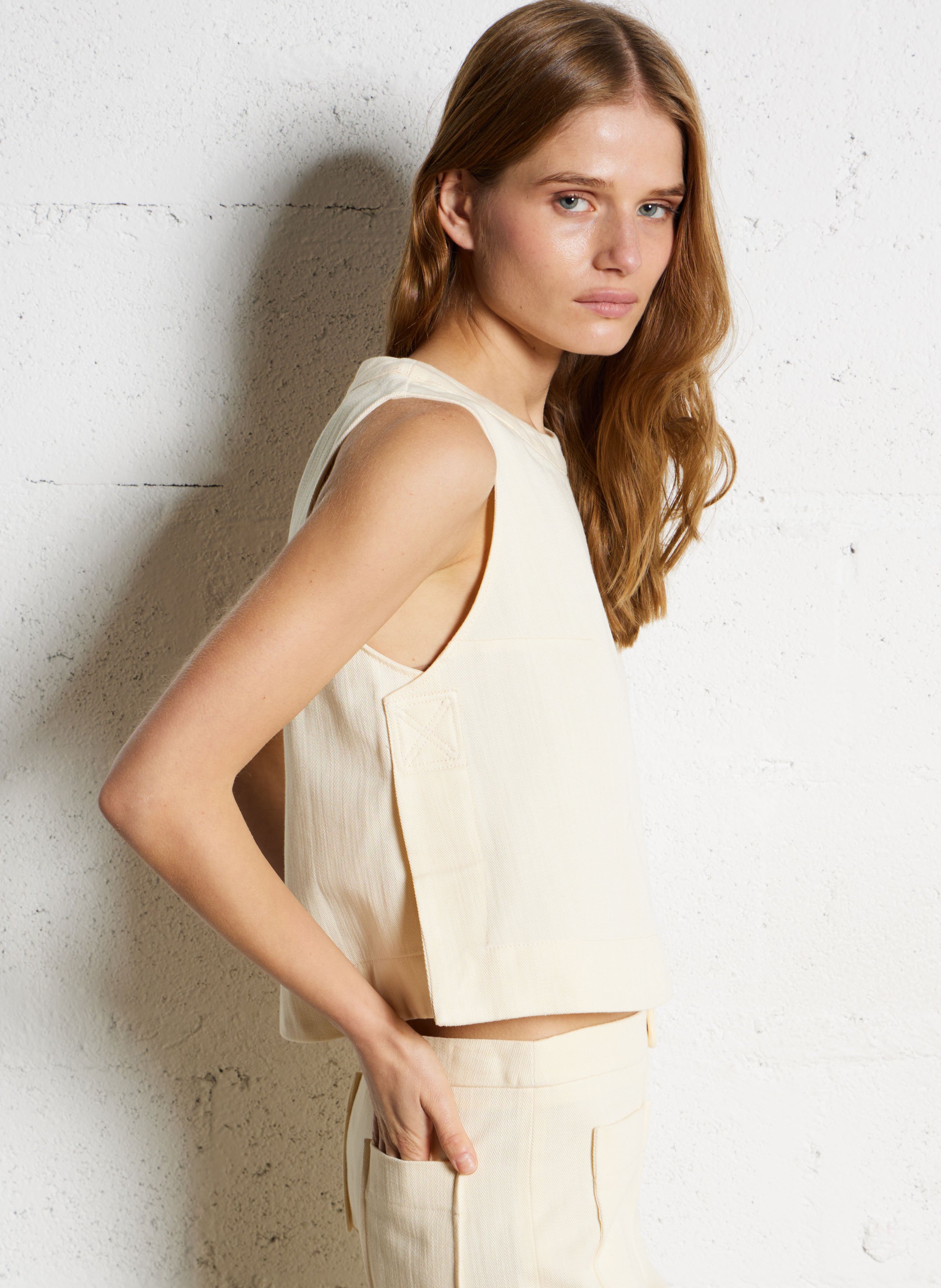 Top col rond sans manches en coton pampa SOEUR Beige