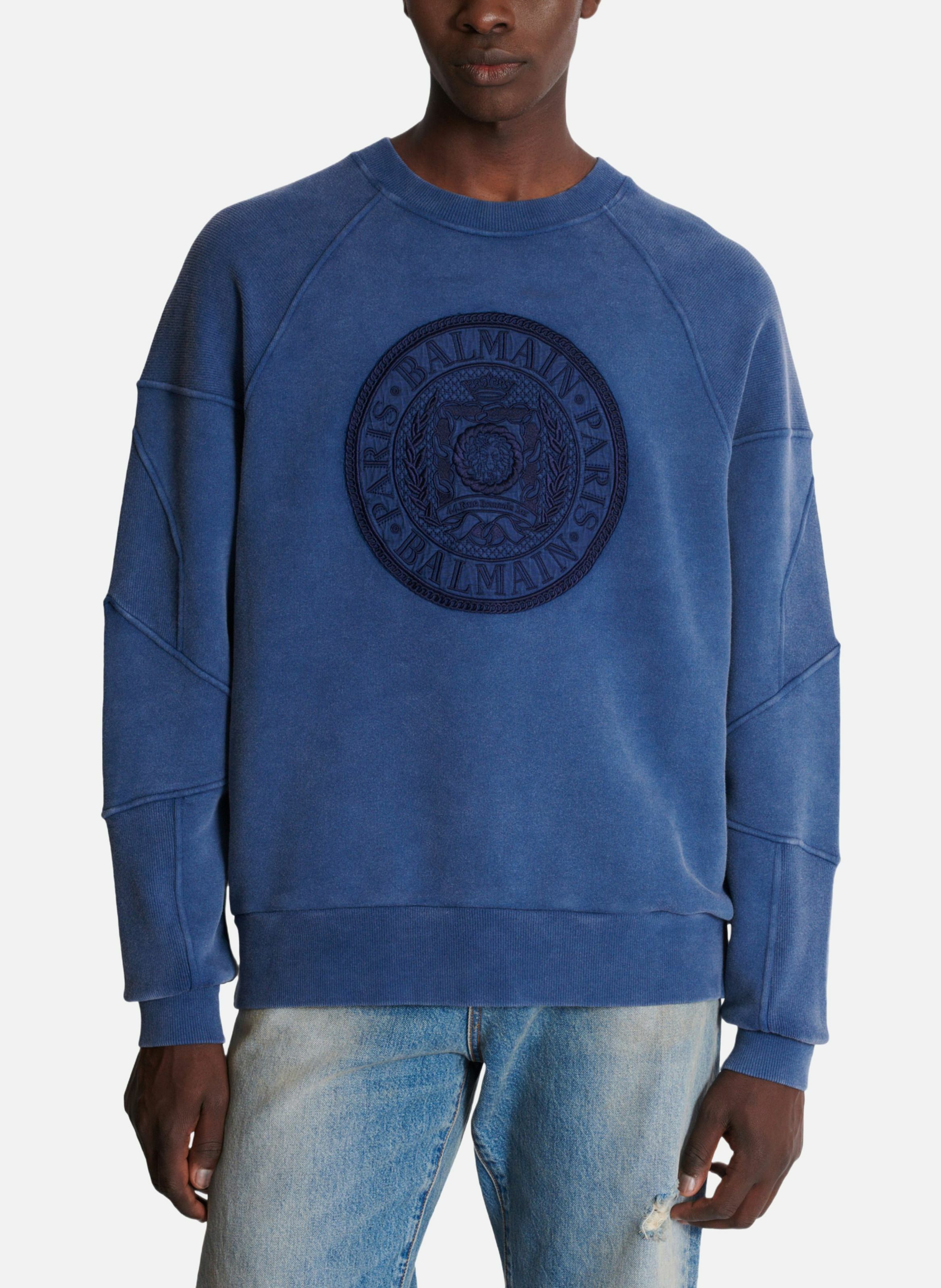 Sweatshirt côtelé brodé « coin » BALMAIN Bleu