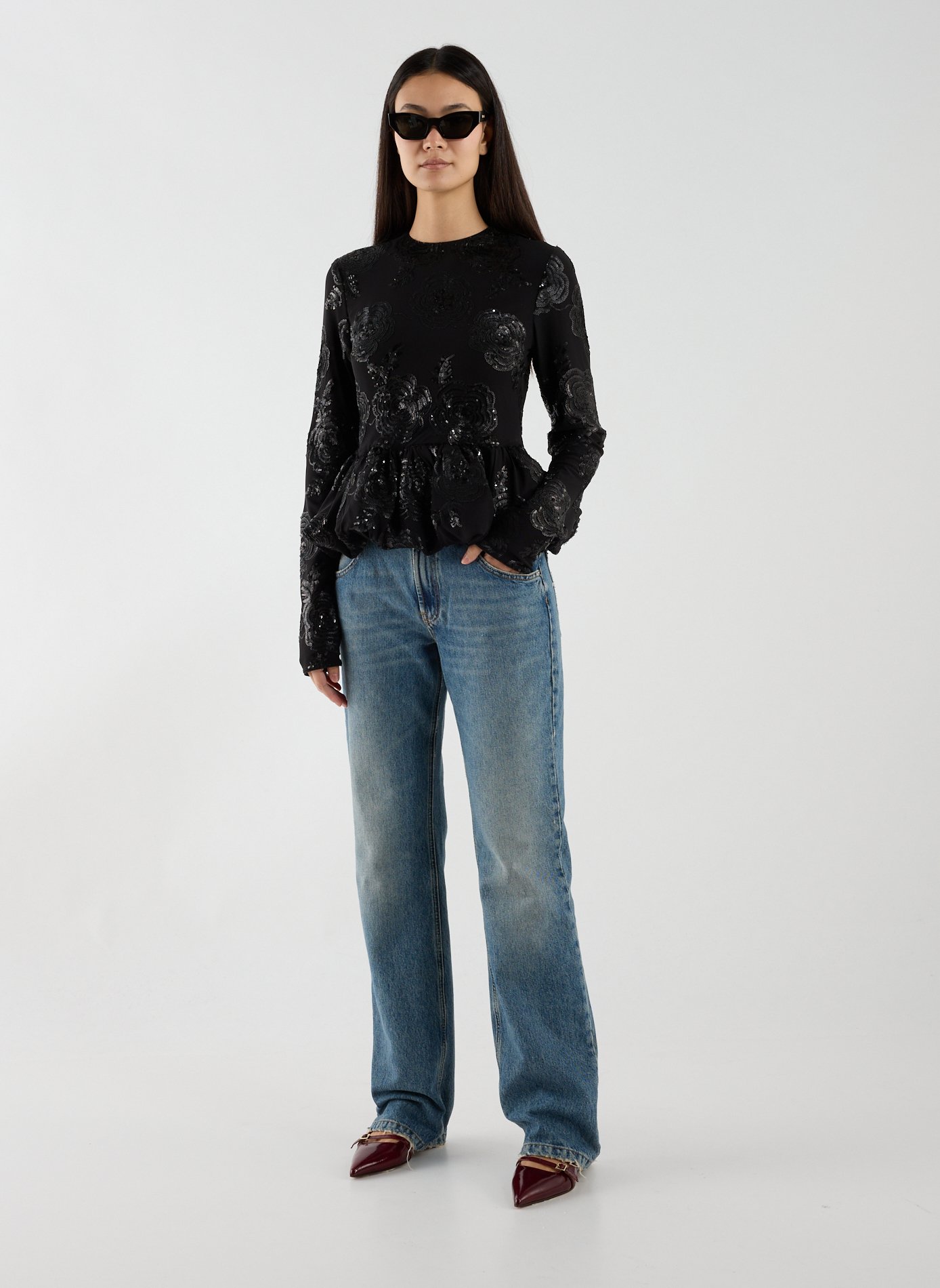 Top manches longues brodée à sequins ROTATE Noir