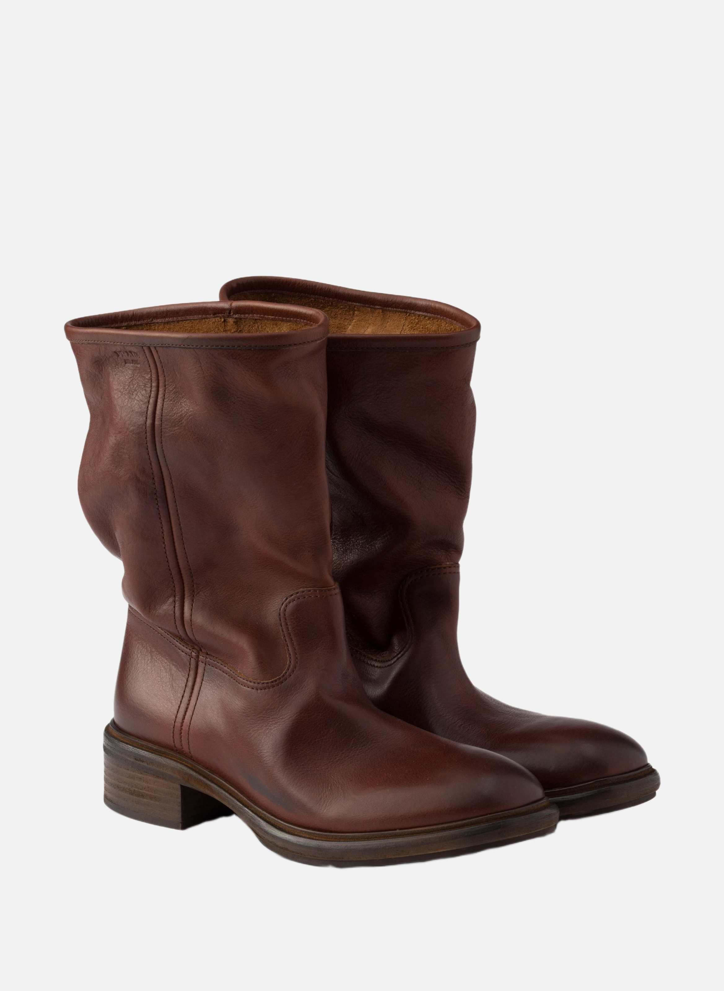 Bottes en cuir à effet vintage PRADA Marron