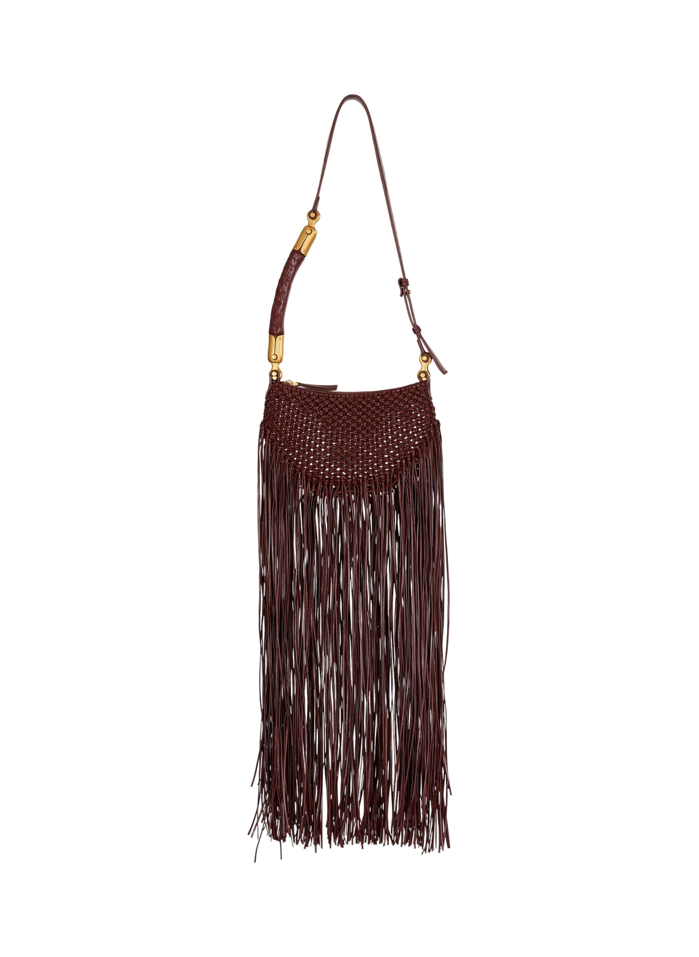 Sac ébène hobo mini en cuir tressé à franges BALMAIN Marron