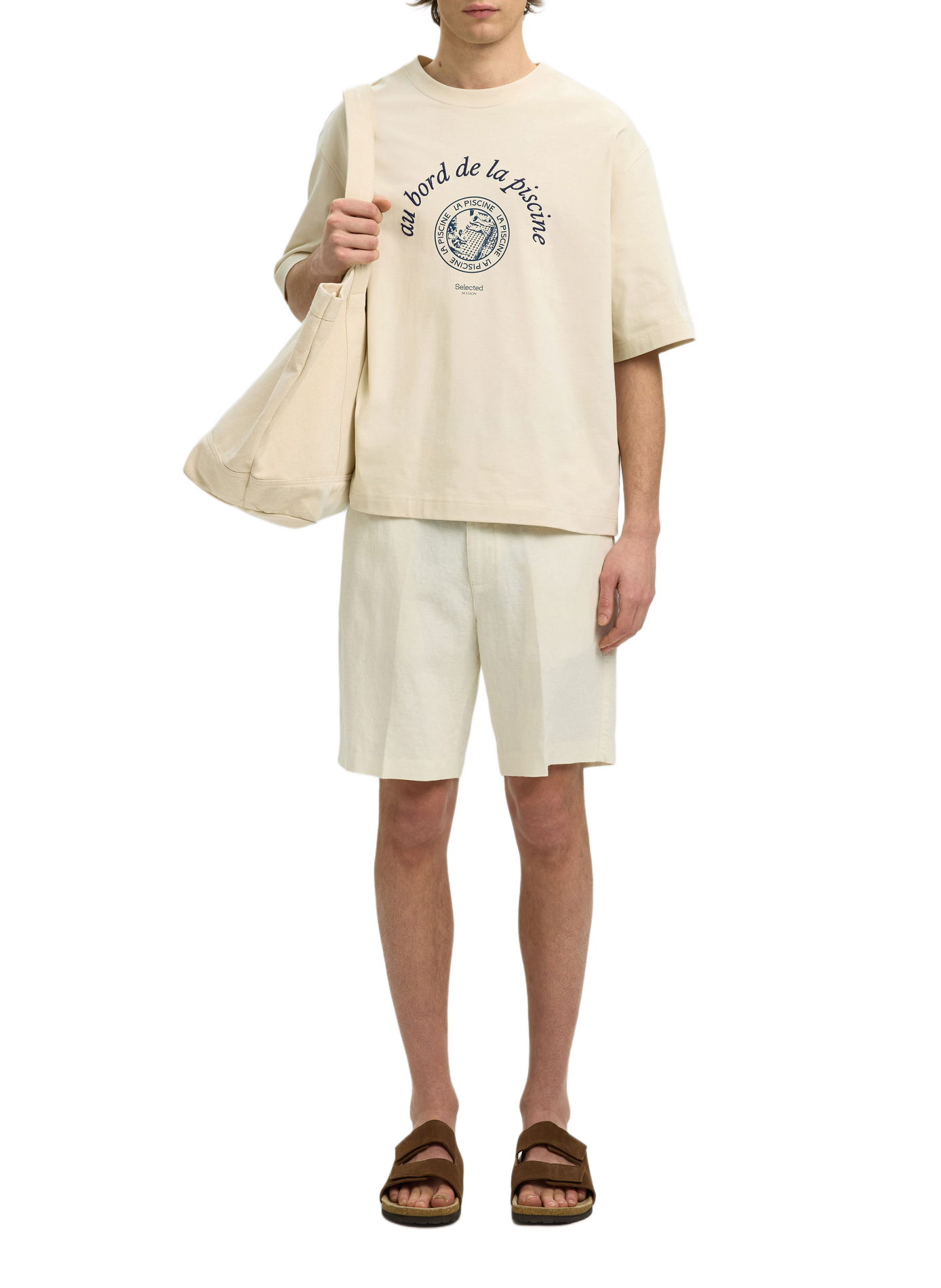 Printed cotton T-shirt SELECTED Beige