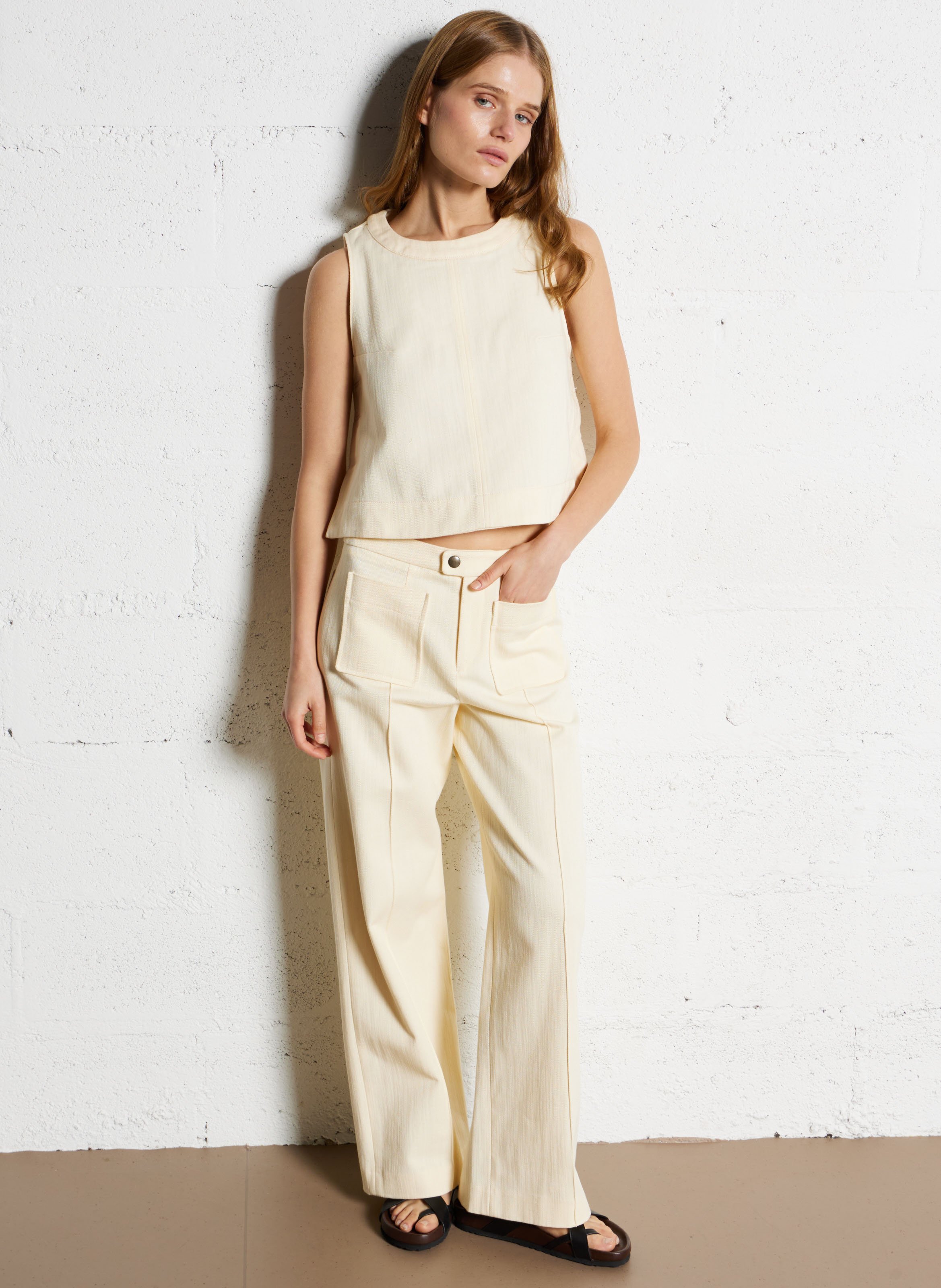 Top col rond sans manches en coton pampa SOEUR Beige