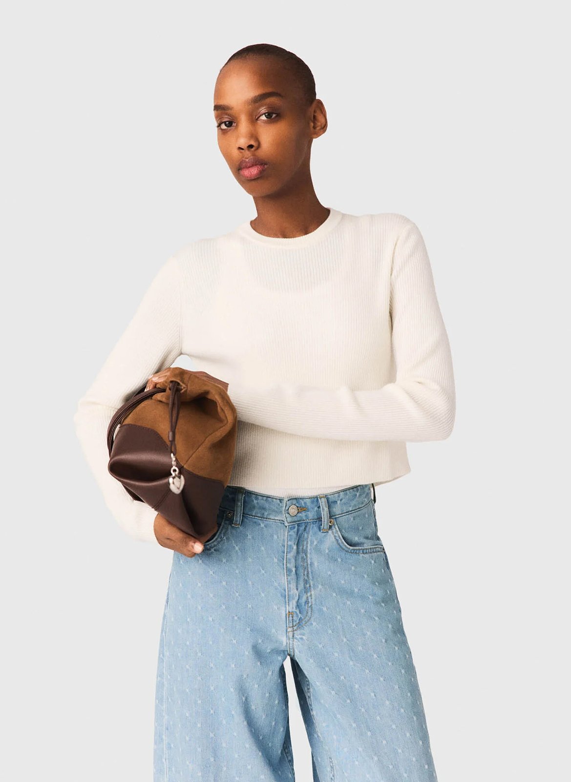 Pull côtelé uni en laine MAJE Beige