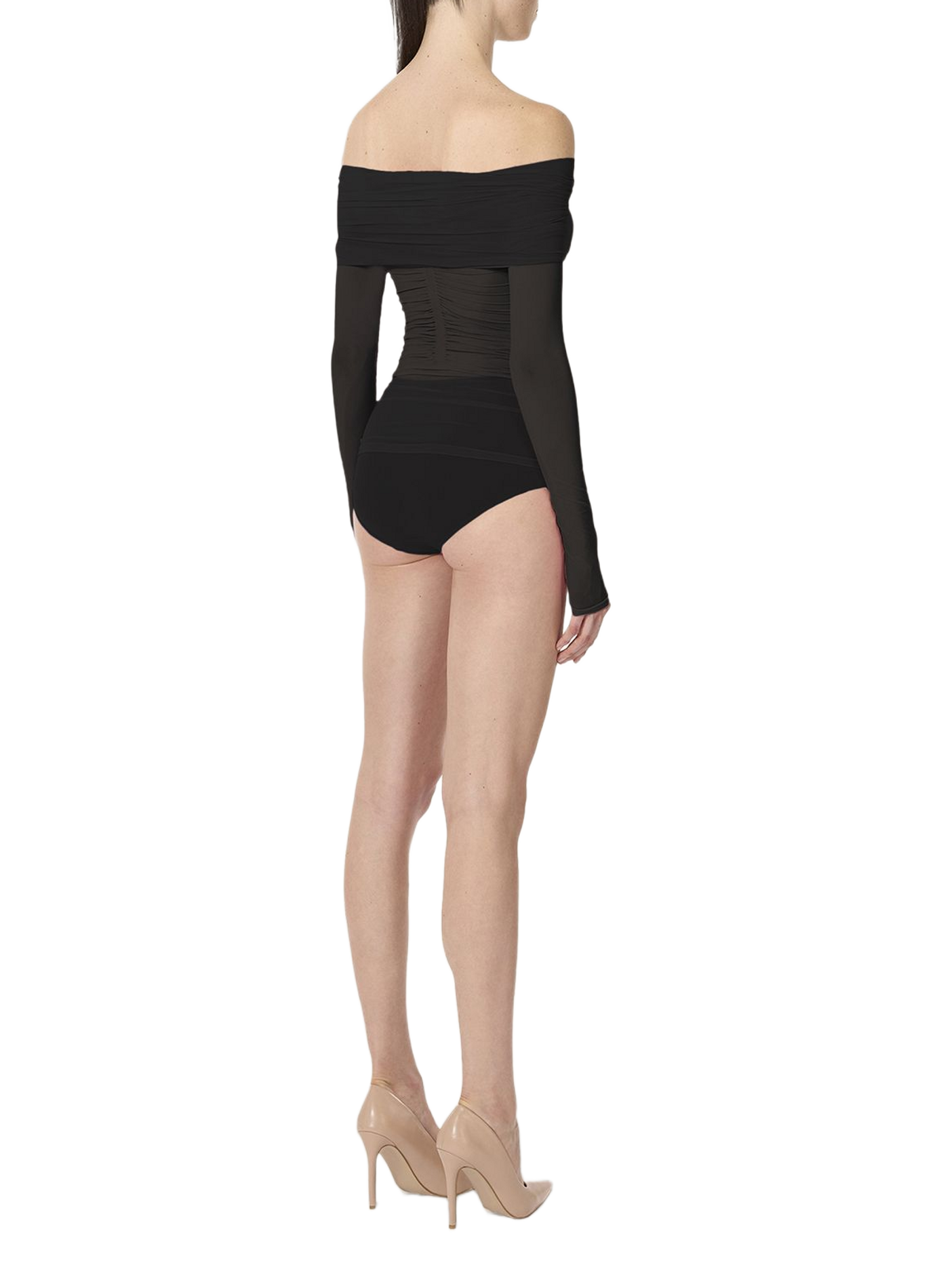Bardot neckline top with ruched detail and sheer panel WOLFORD Black
