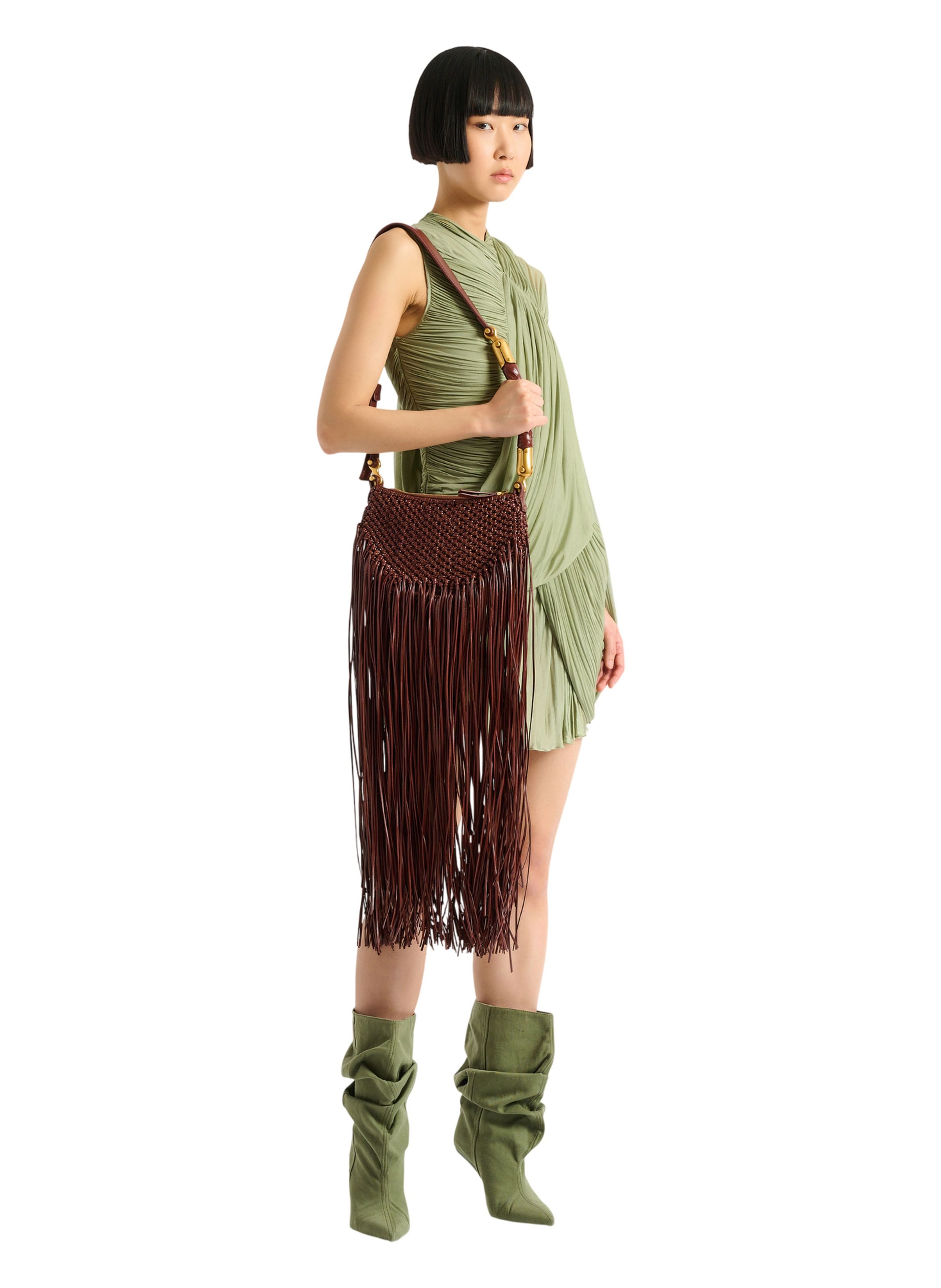Sac ébène hobo mini en cuir tressé à franges BALMAIN Marron