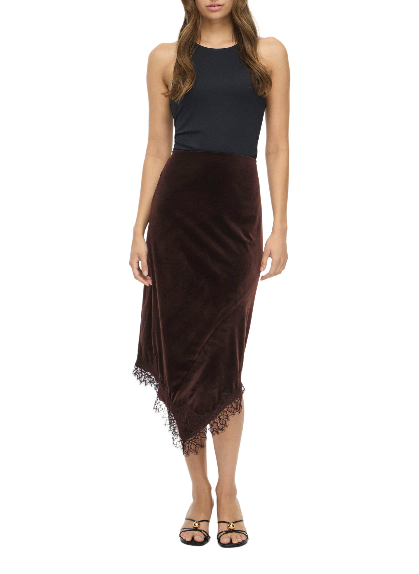 Midi velvet skirt with asymmetric lace detailing VILA Brown