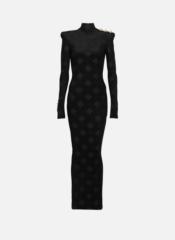 Robe longue en maille bouclette vichy Noir by BALMAIN BALMAIN Robe longue en maille bouclette vichy Noir