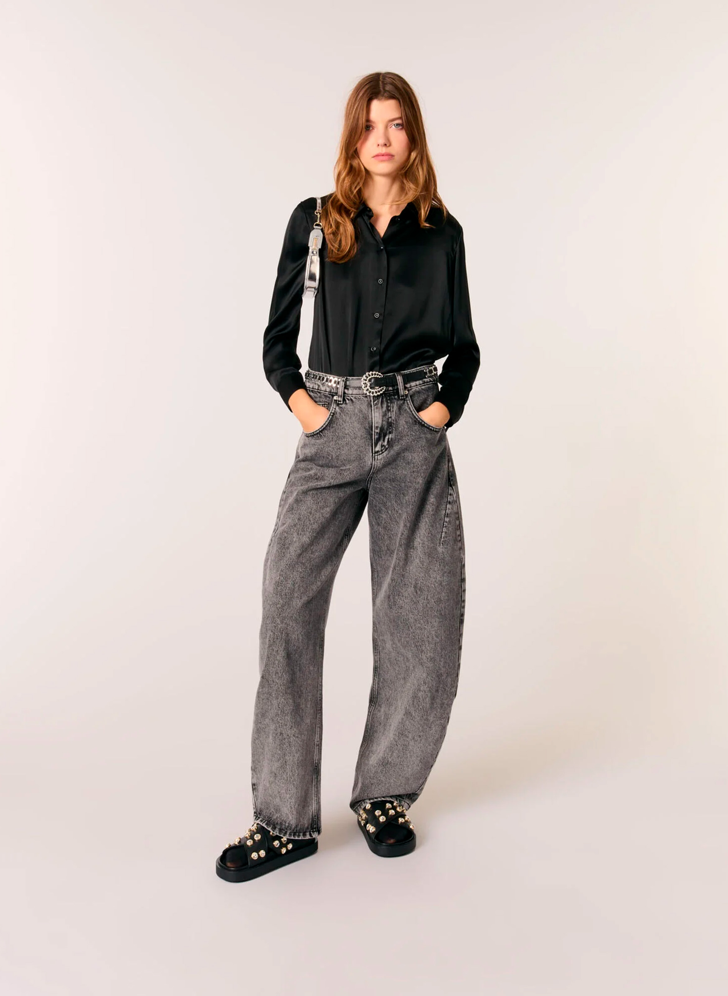 Chemise droite col classique en soie MAJE Noir