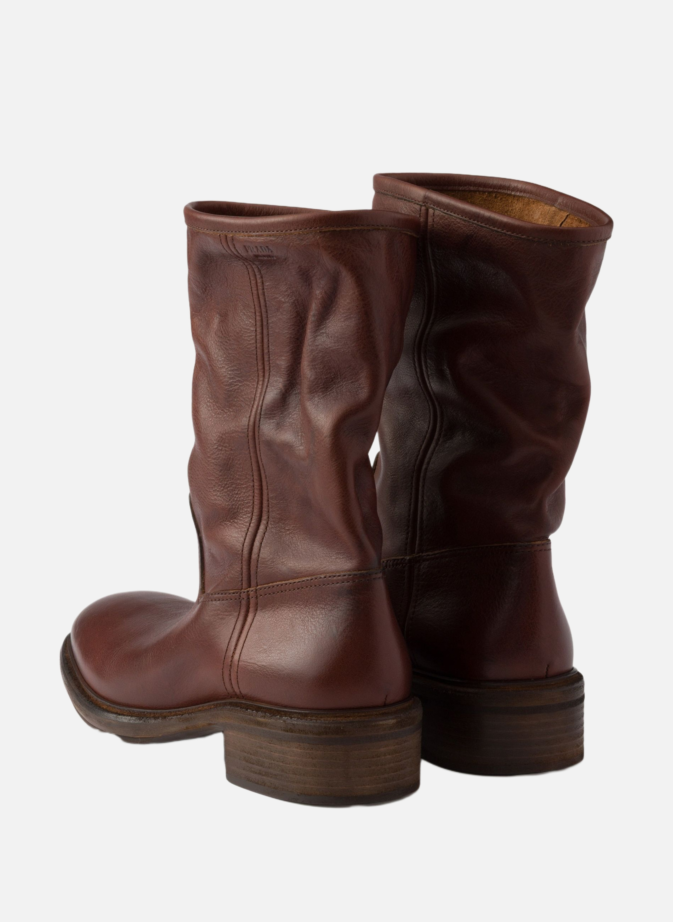 Bottes en cuir à effet vintage PRADA Marron