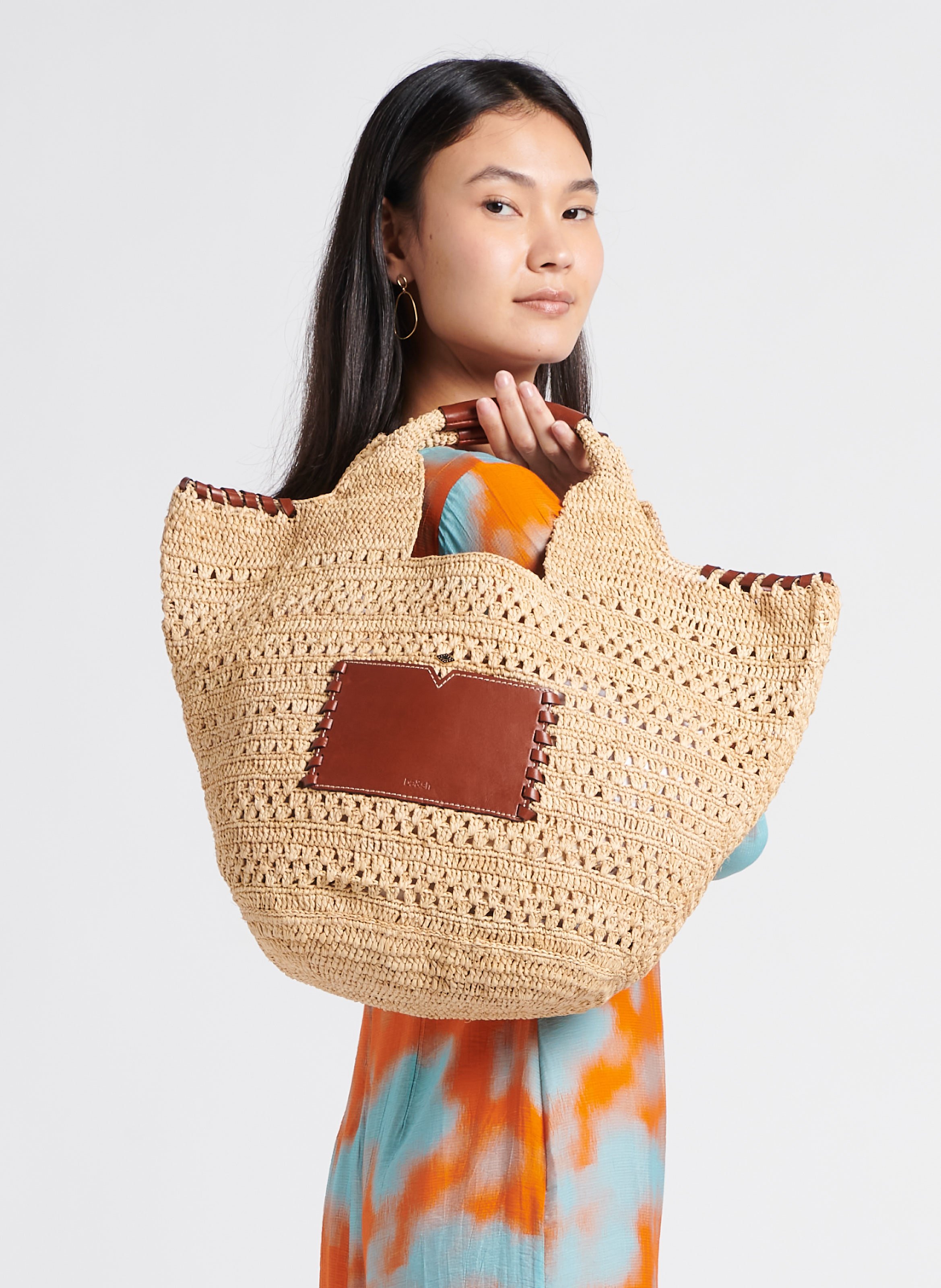 Sac cabas en paille et cuir ara BA&SH Marron