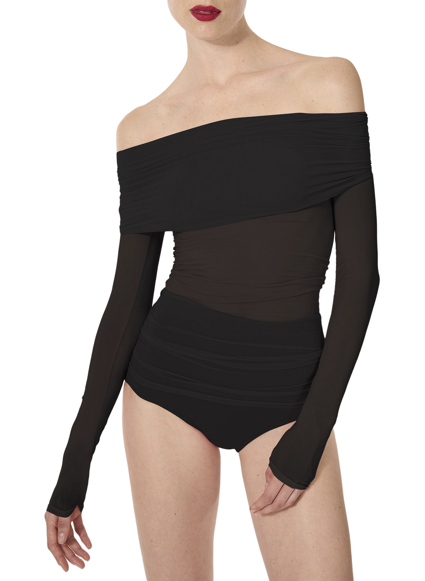 Bardot neckline top with ruched detail and sheer panel WOLFORD Black