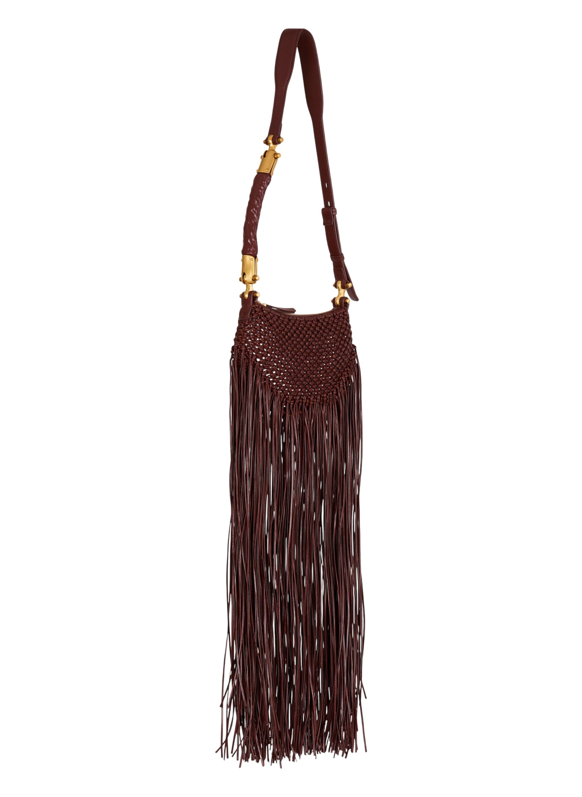 Sac ébène hobo mini en cuir tressé à franges BALMAIN Marron