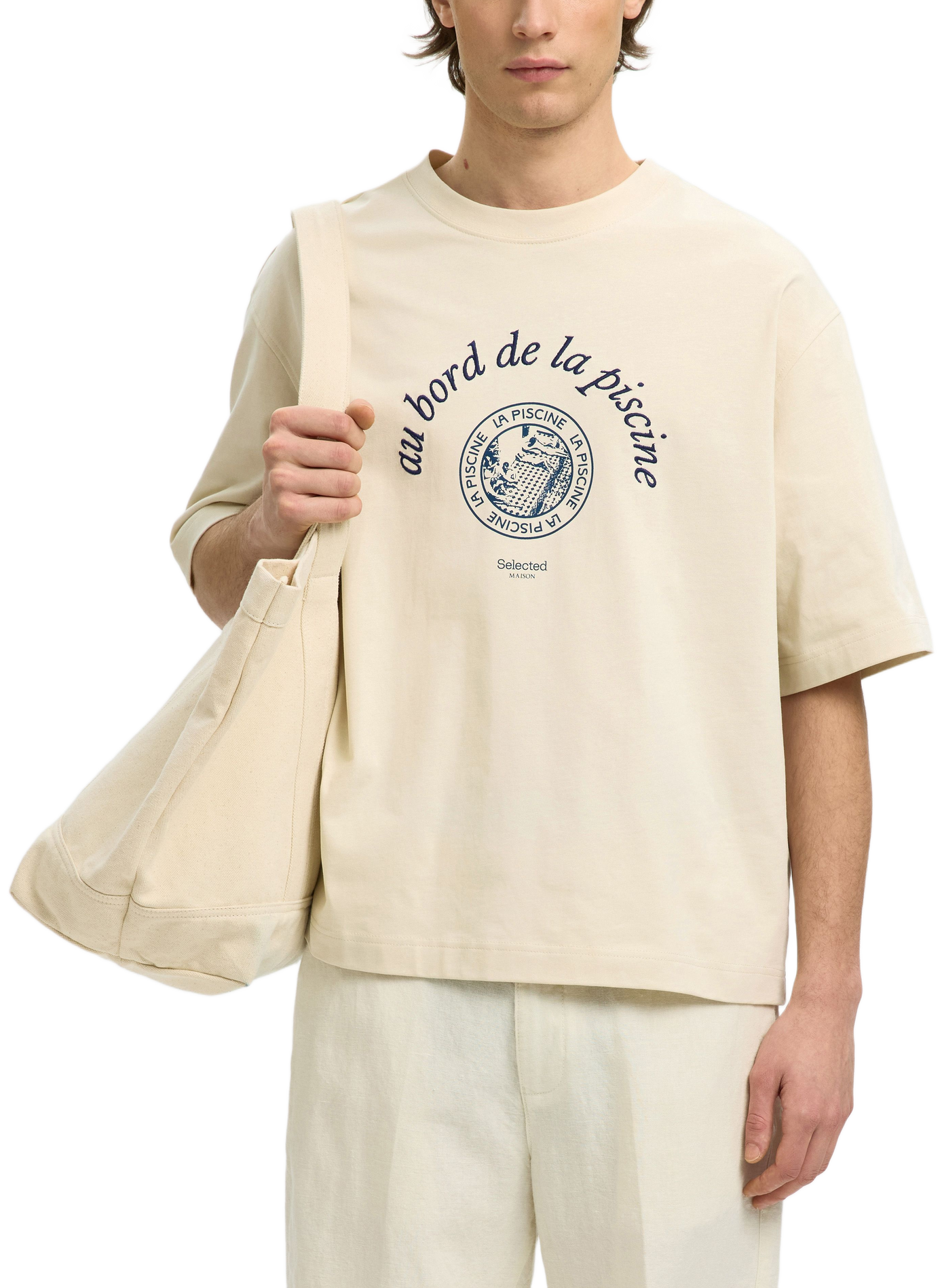 Printed cotton T-shirt SELECTED Beige