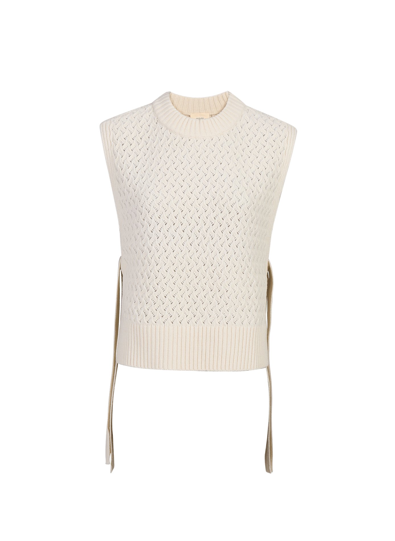 Miyoko round neck merino wool sweater with openwork and tied detail. PETITE MENDIGOTE Beige