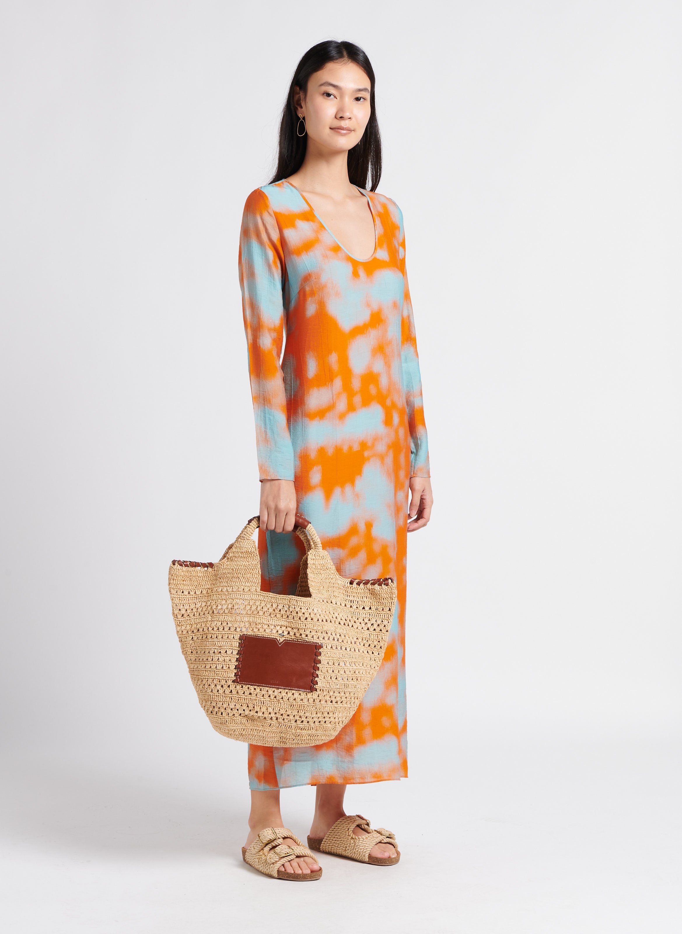 Sac cabas en paille et cuir ara BA&SH Marron