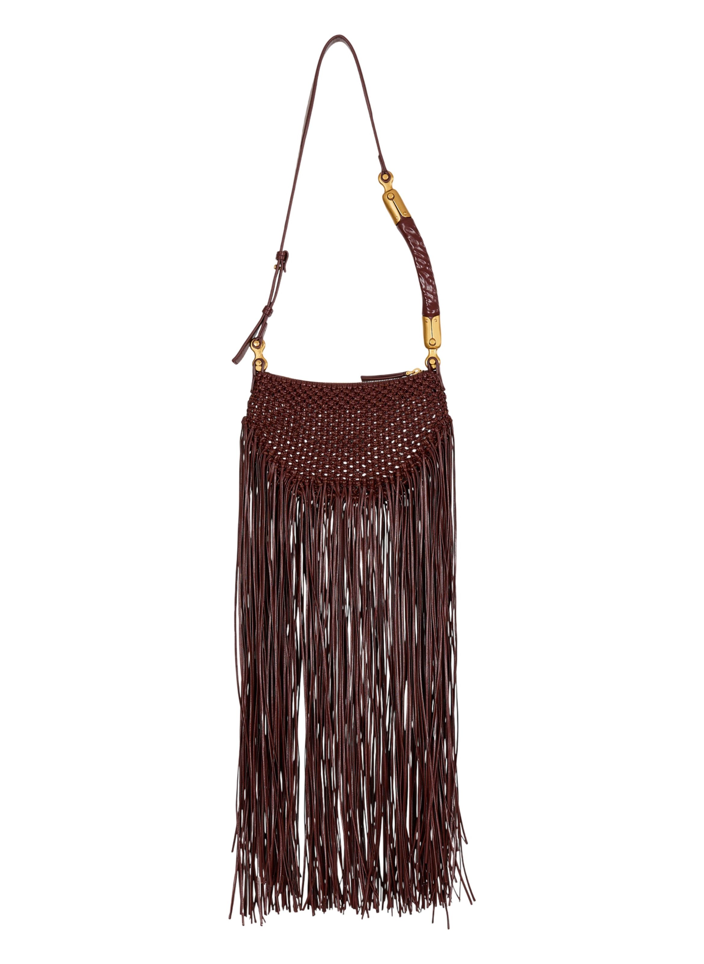 Sac ébène hobo mini en cuir tressé à franges BALMAIN Marron