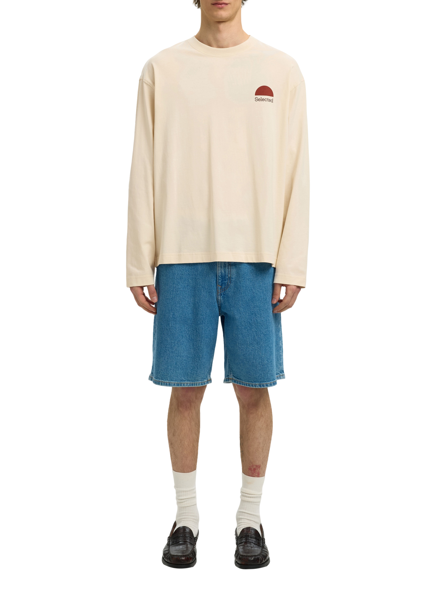 Long-sleeve printed cotton t-shirt SELECTED Beige