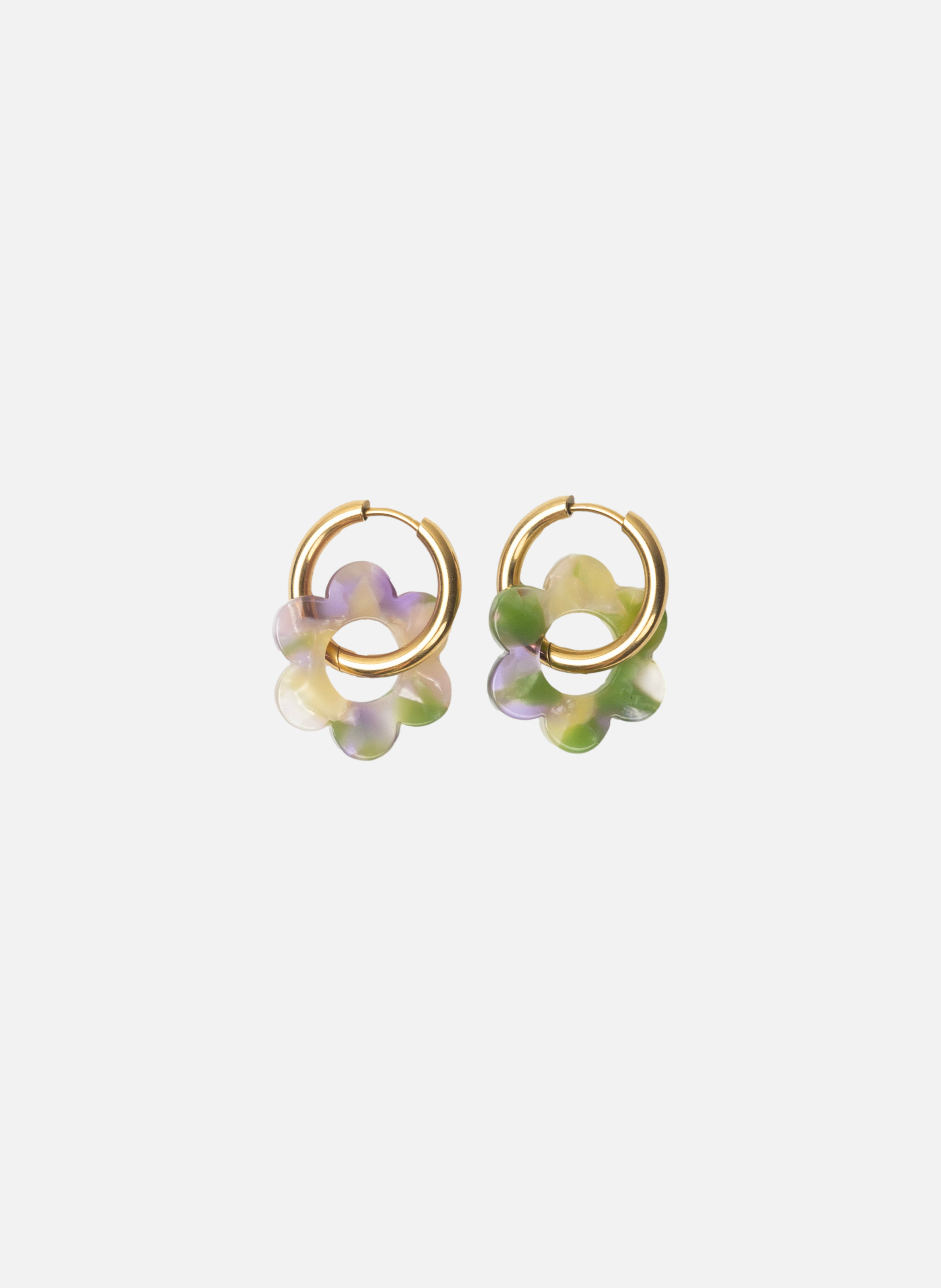 Boucles d'oreilles Baby Fleurette avec anneaux en acier inoxydable doré  Vert et lavande