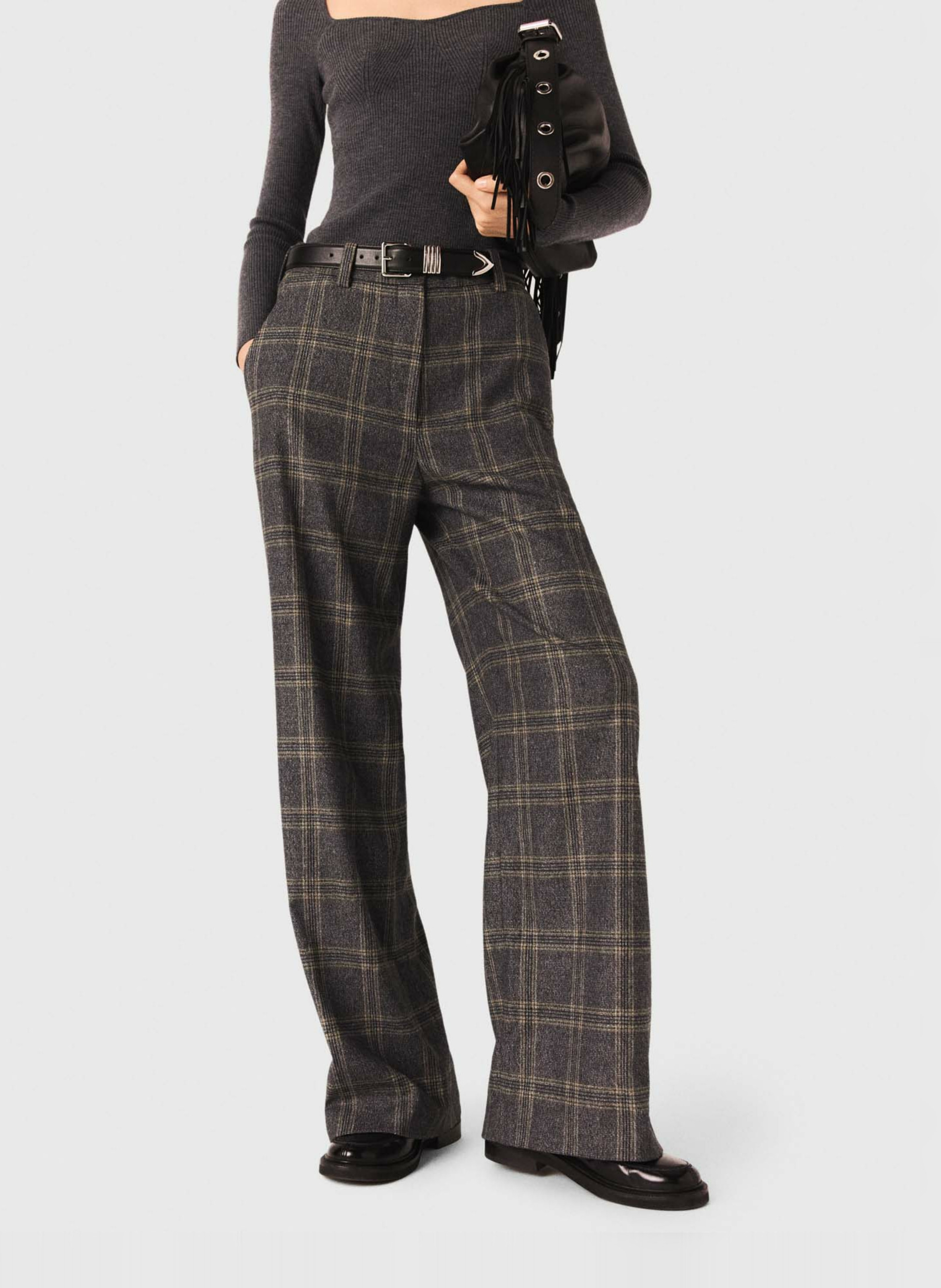 Pantalon large taille haute à carreaux MAJE Gris